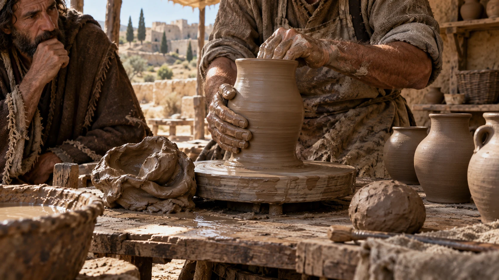 Close view of a potter’s hands shaping a new jar beside discarded clay and finished vessels.