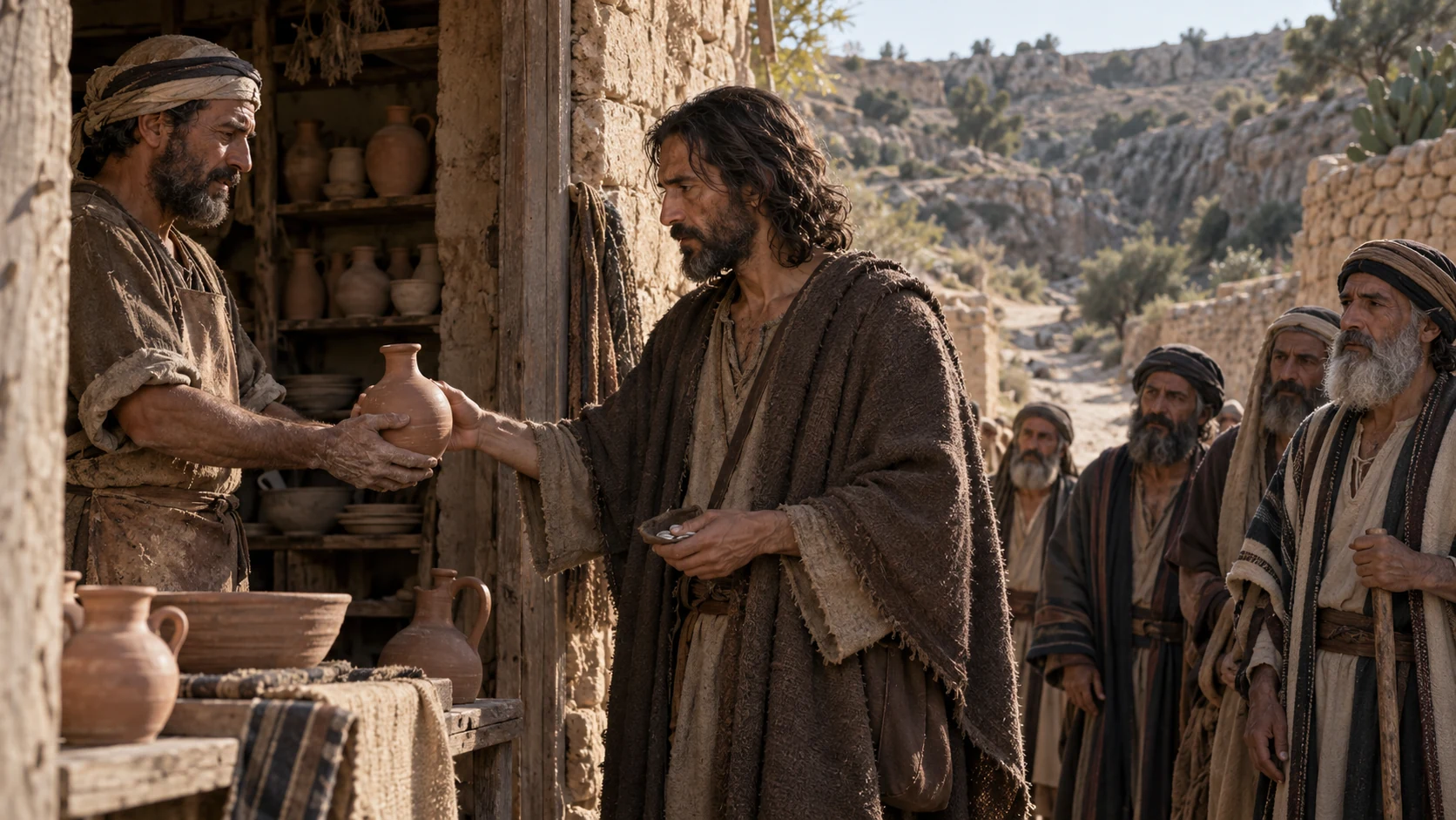 Jeremiah receives a simple flask from a potter while elders wait nearby.