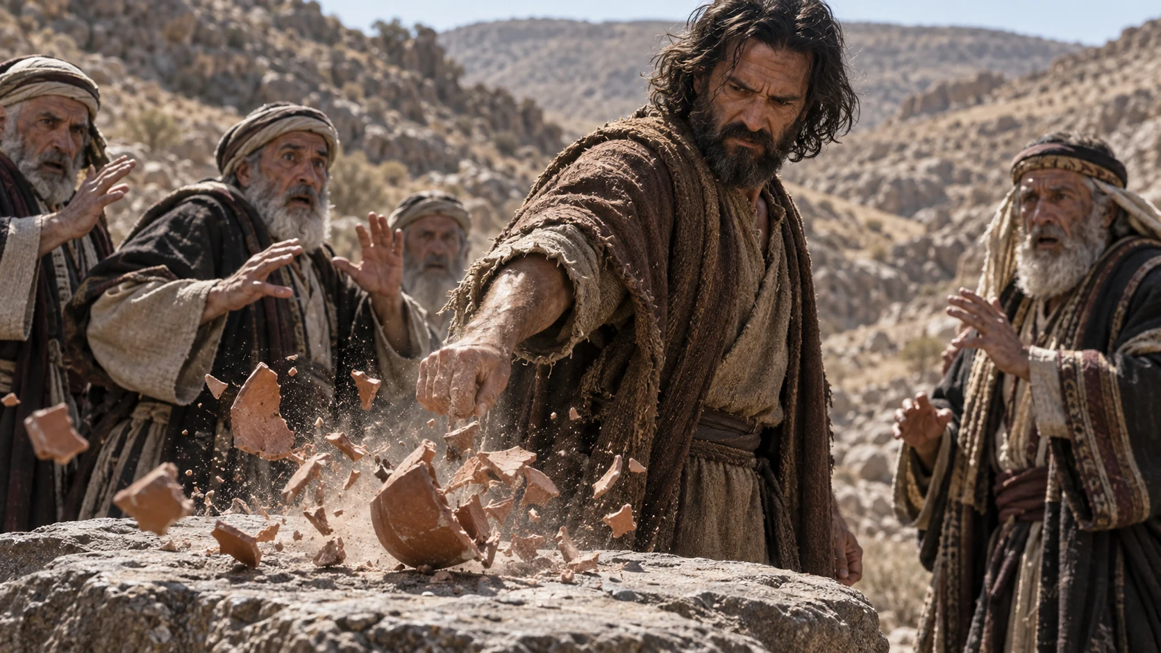 Jeremiah shatters the earthenware flask on a stone while the elders recoil.