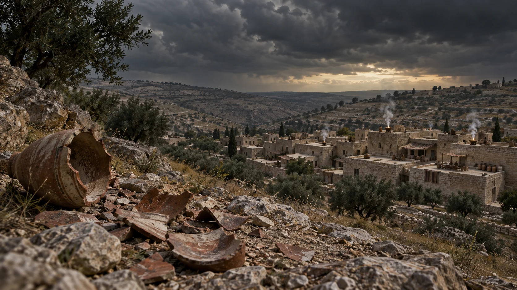 Broken clay lies above a low flat-roof neighborhood where faint rooftop incense smoke rises.