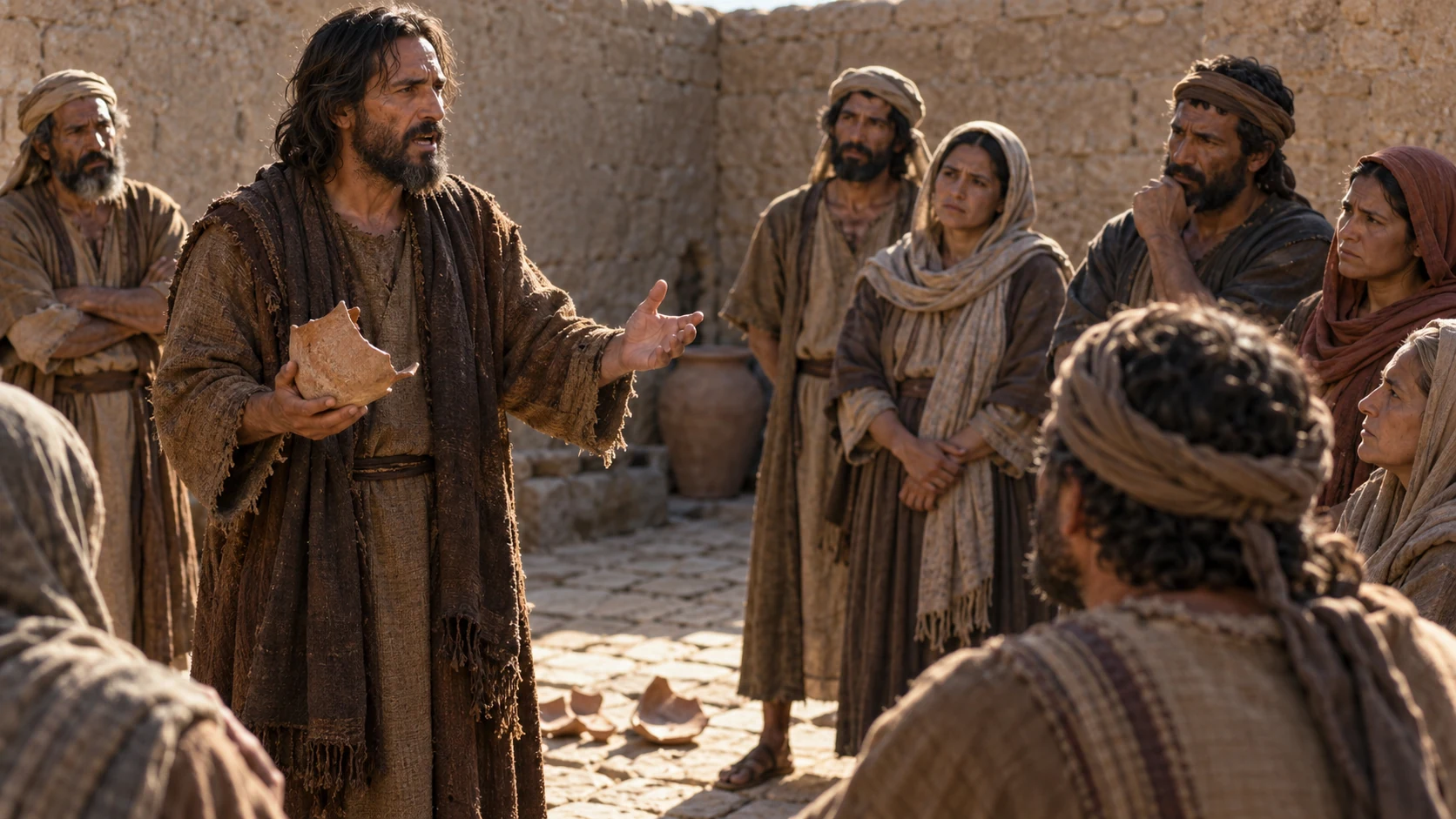 Jeremiah holds a flask fragment and speaks to townspeople in a simple stone courtyard.