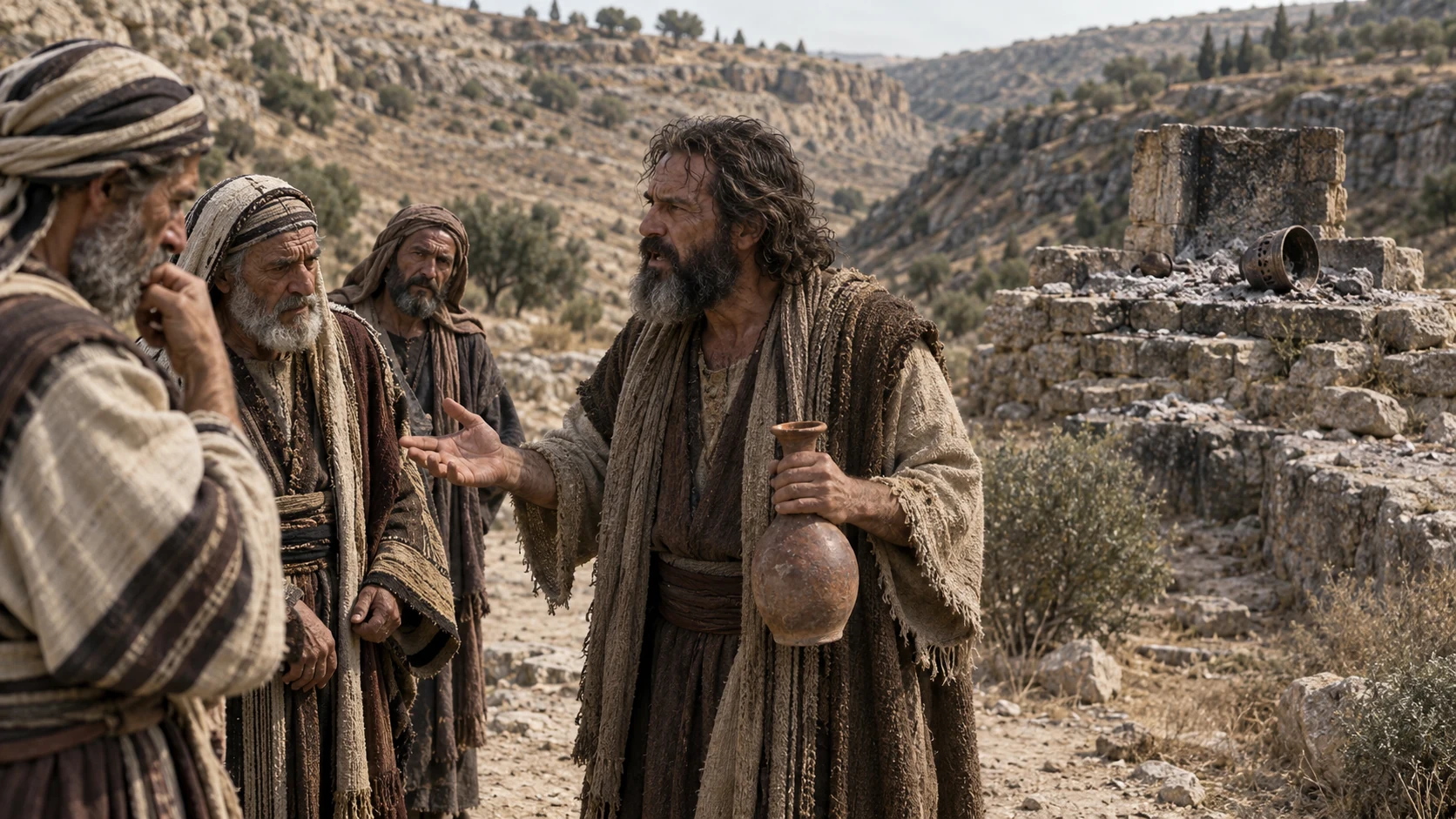 Jeremiah addresses troubled elders beside a deserted illicit altar in the rocky valley.