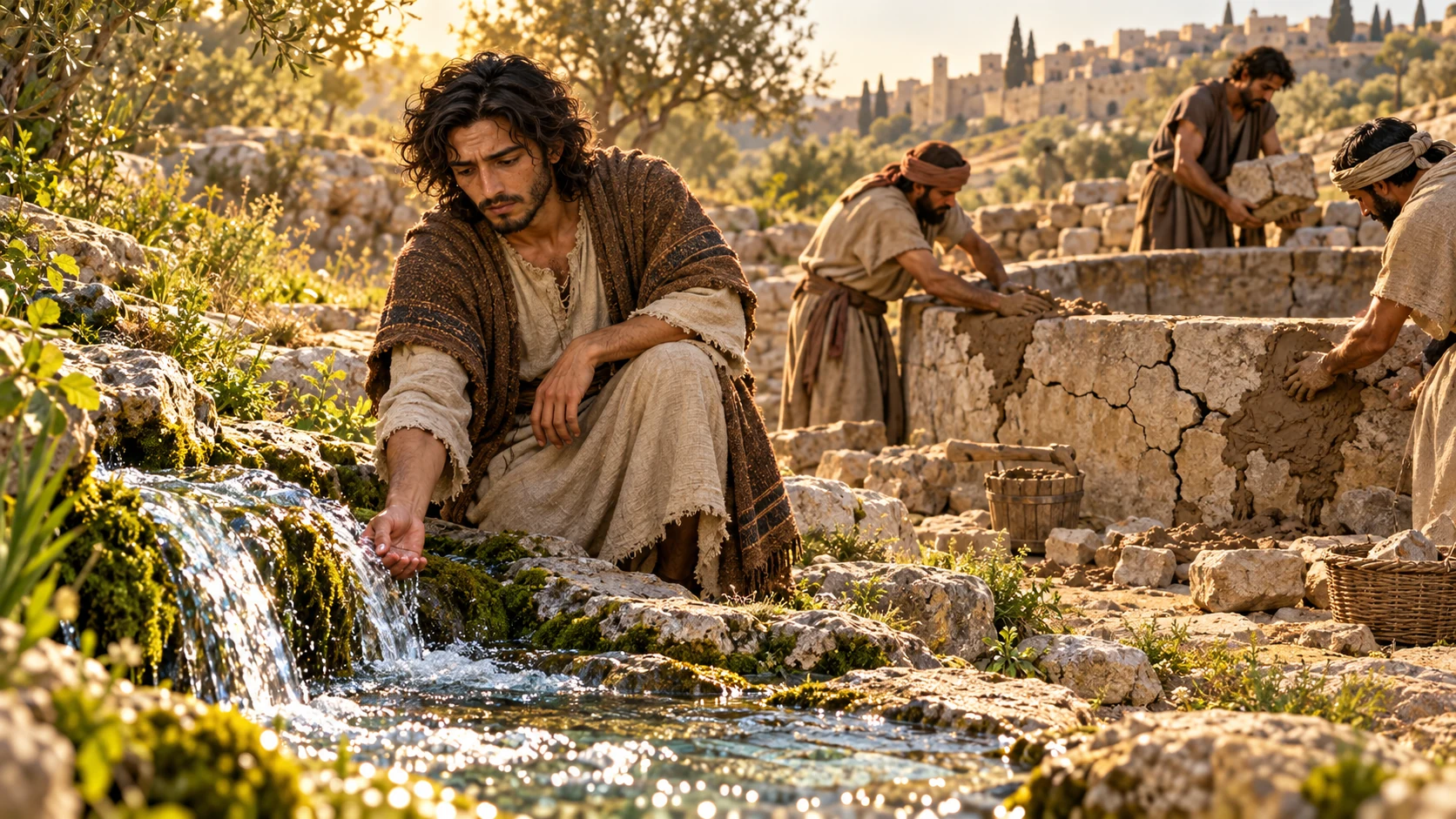 Jeremiah kneels by a clear spring while workers struggle with a cracked stone cistern nearby.