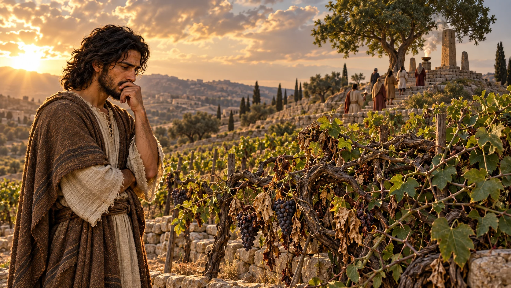 Jeremiah grieves beside a withered vineyard as worshipers approach a shrine on a hill.