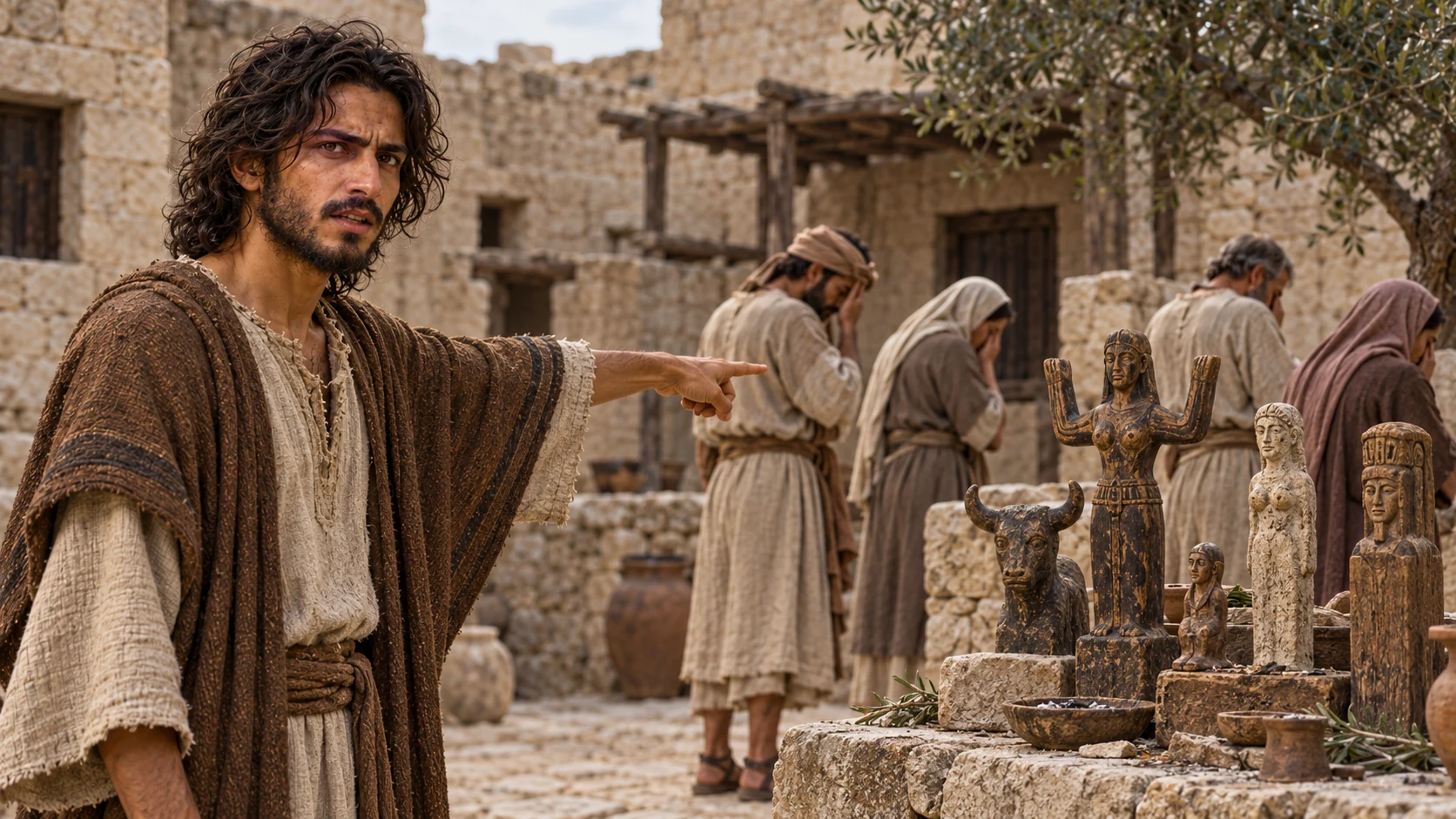 Jeremiah points to carved cult figures as townspeople turn away in shame.