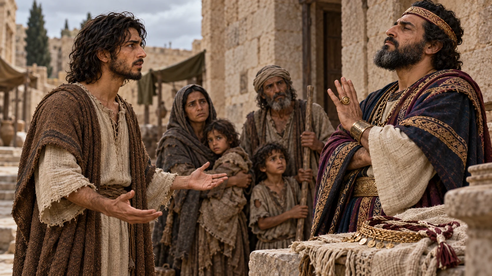 Jeremiah confronts a prosperous official while neglected poor families stand behind him.
