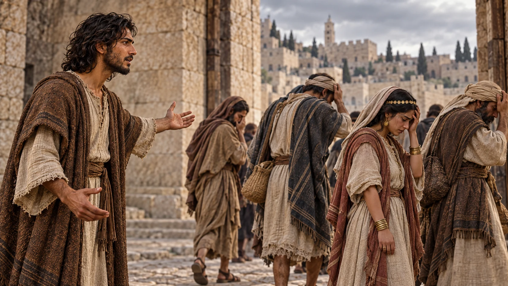 Jeremiah speaks at the gate as a group leaves in grief with hands on their heads.