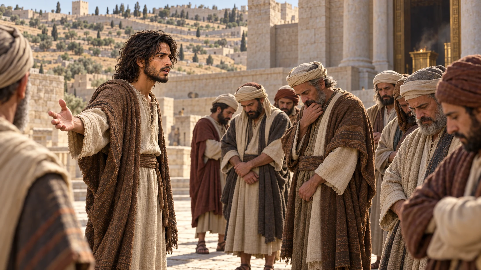 Jeremiah challenges leaders in a stone courtyard while neglected olive terraces rise beyond them.
