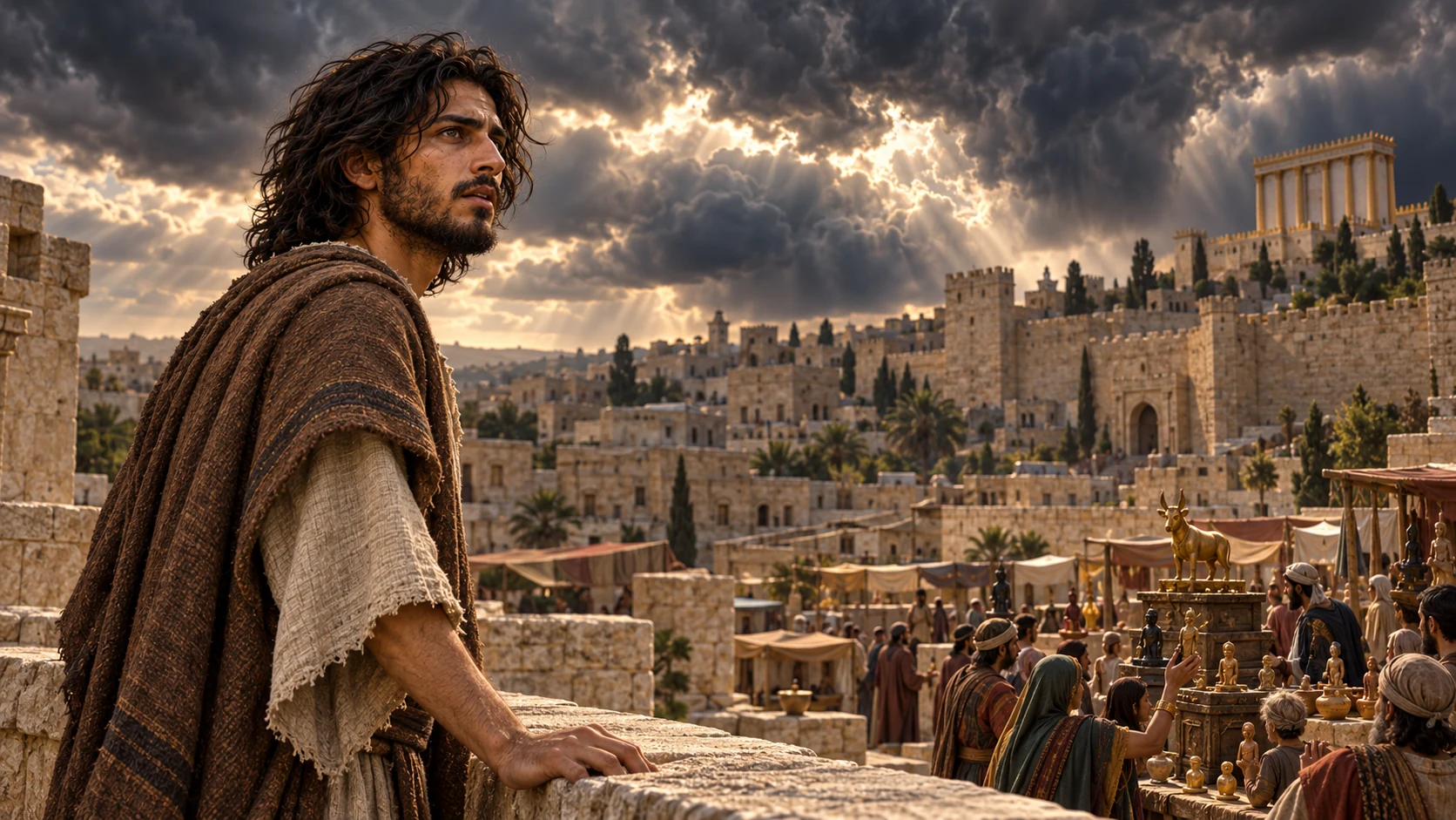 Jeremiah surveys a market of small idols beneath a vast, darkening sky.