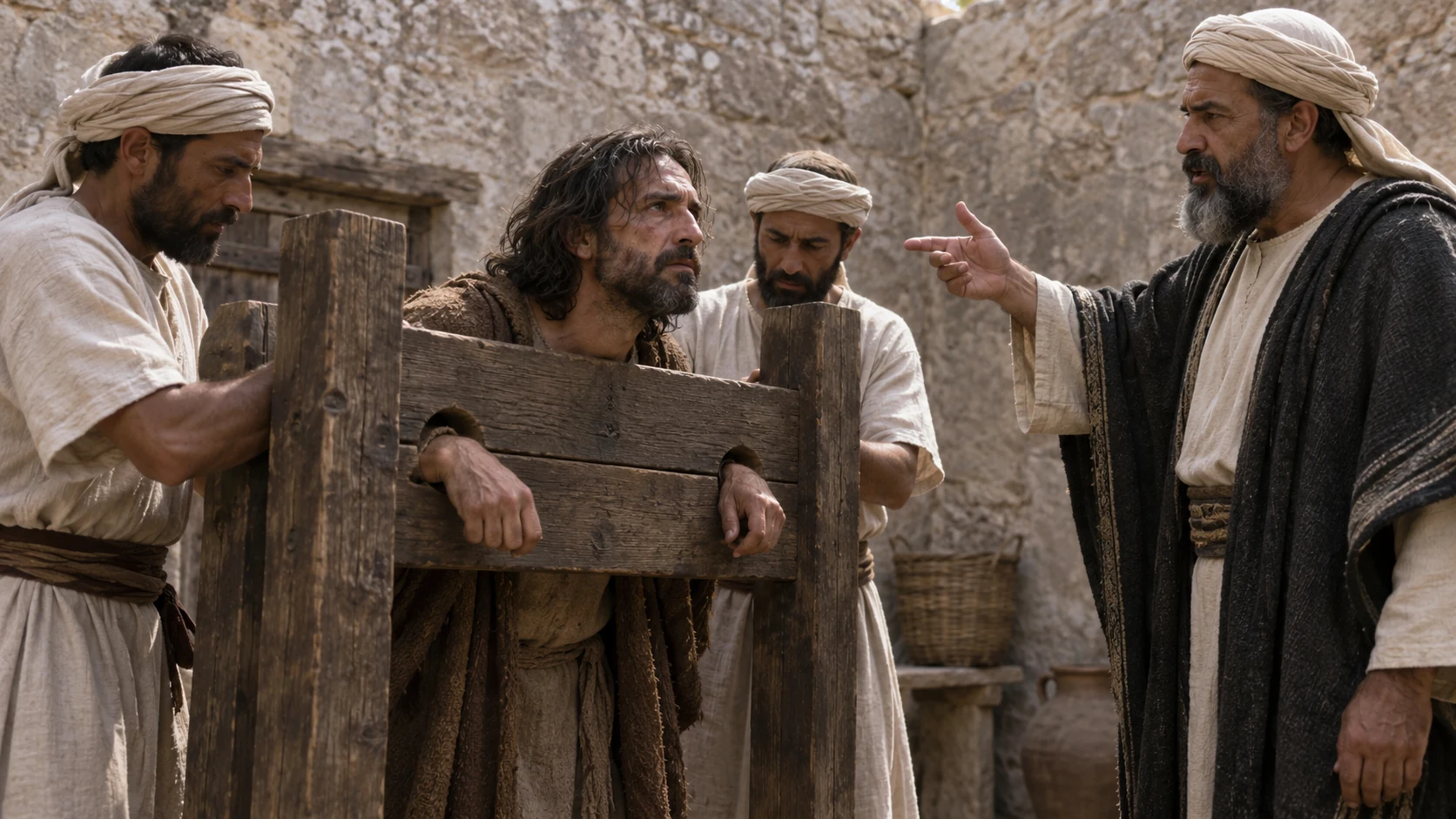 Pashhur, chief officer of the temple, guides Jeremiah toward wooden stocks in a tight stone courtyard.