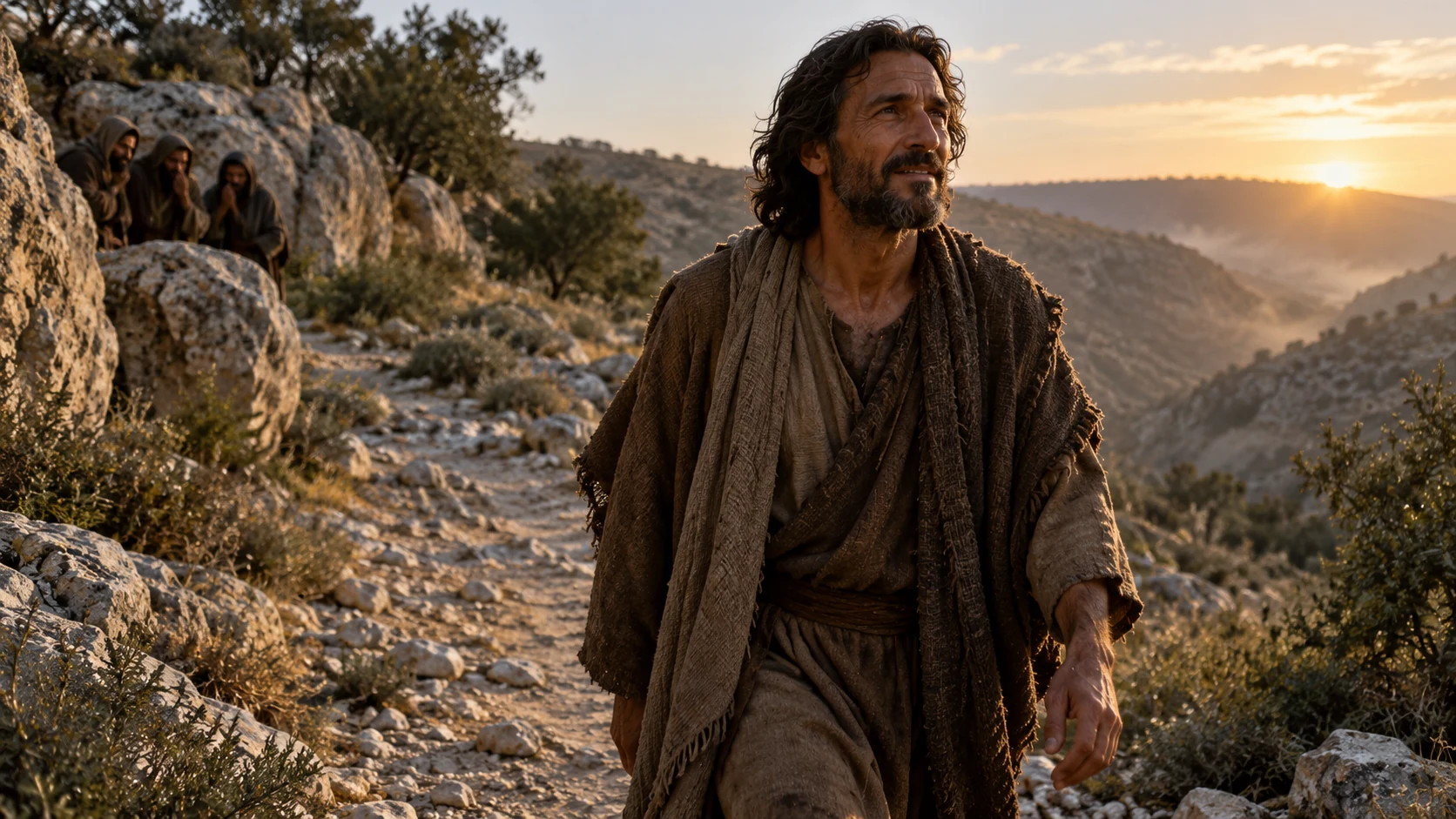 Jeremiah walks a dawn path as indistinct opponents confer behind him; he looks ahead in fragile resolve.