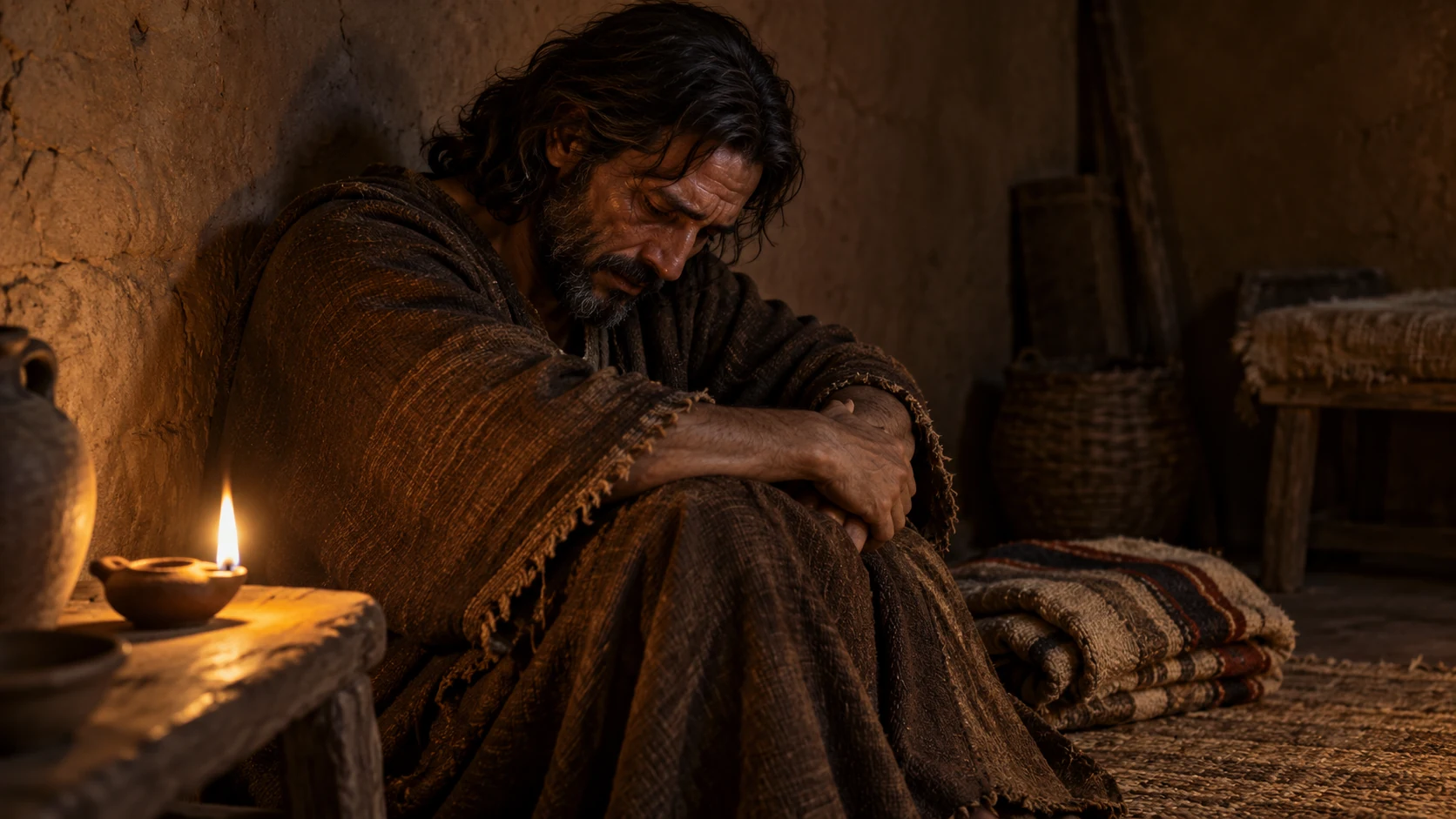 Jeremiah sits in a dark plain room, overcome with grief, with no injury or violence depicted.