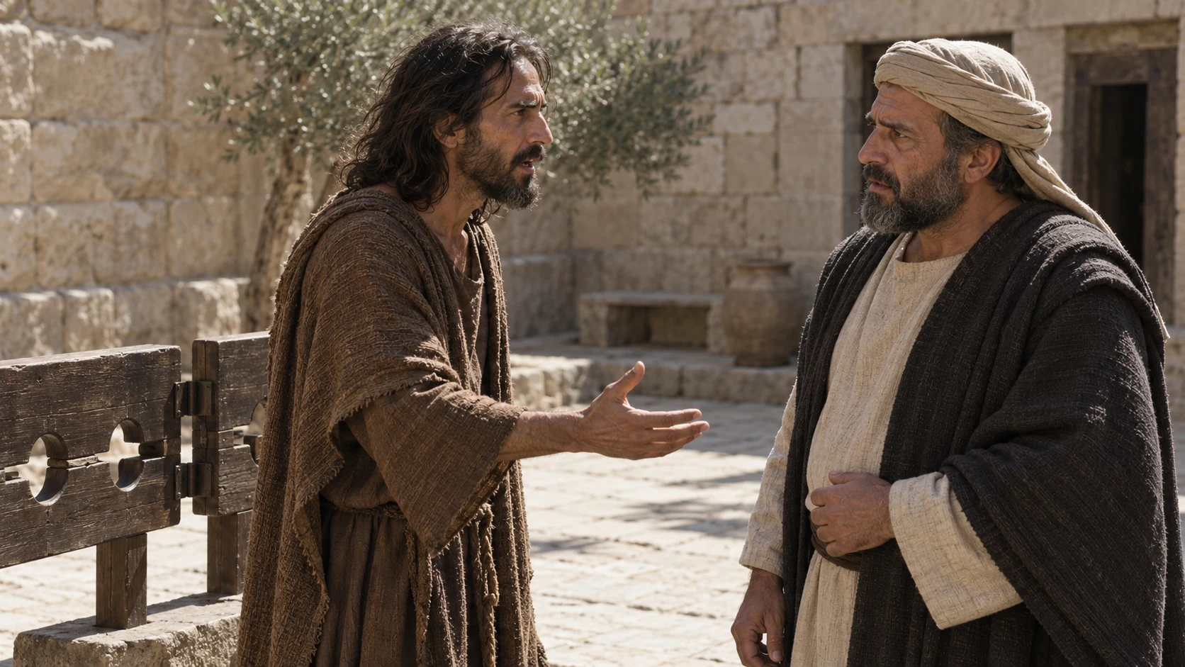 In the same courtyard, a weary Jeremiah addresses Pashhur after his release while listeners draw near.