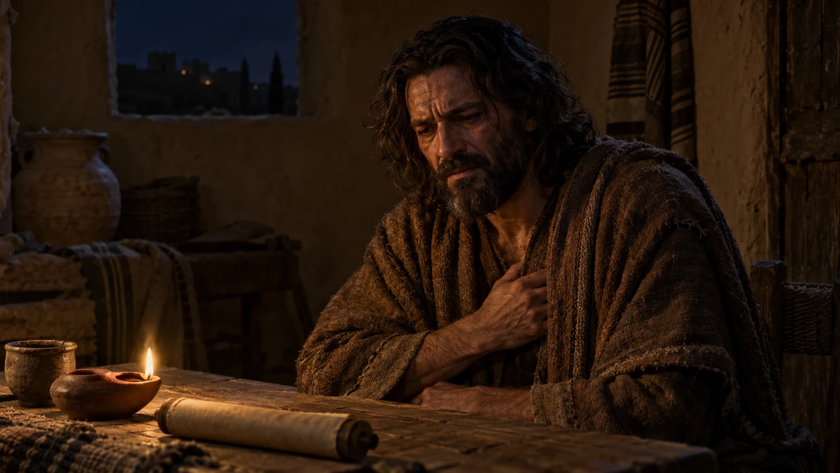 Jeremiah sits alone beside an oil lamp, hands pressed close to his chest as warm firelight suggests the irresistible word within.