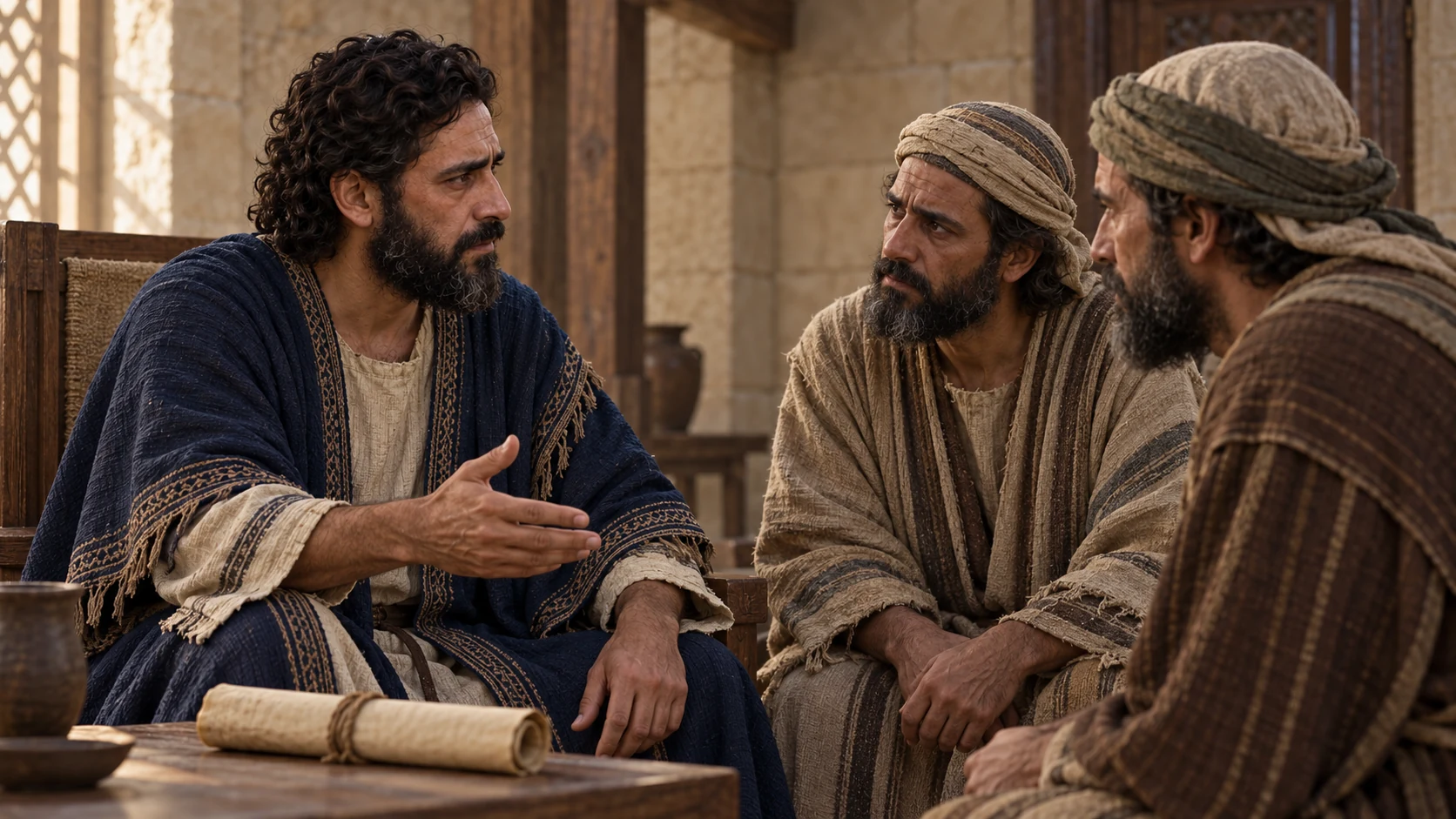 Zedekiah quietly entrusts two worried envoys with an inquiry in a modest royal chamber.
