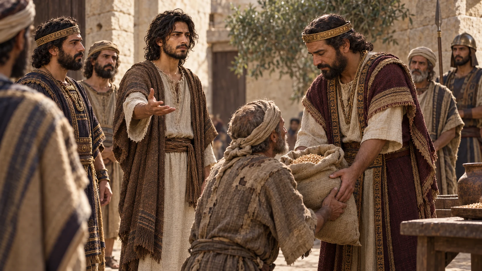 Jeremiah addresses officials as one helps a poor man recover a sack of grain.
