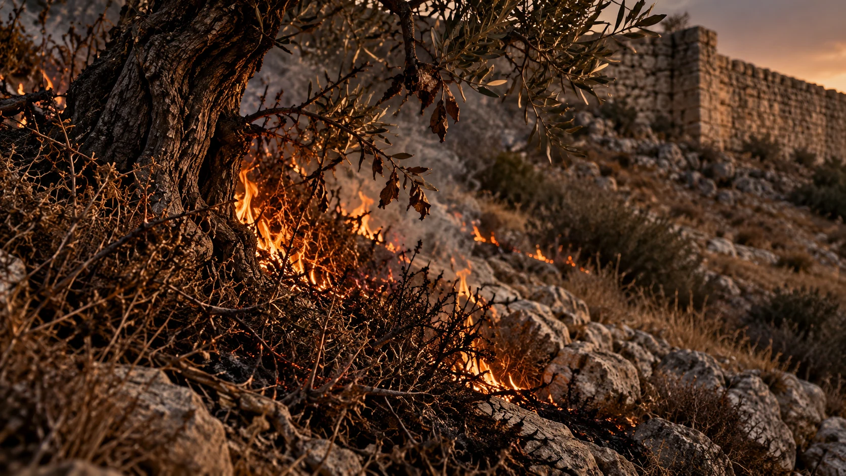 A small fire moves through dry scrub by an ancient stone wall on a rocky Judean slope.