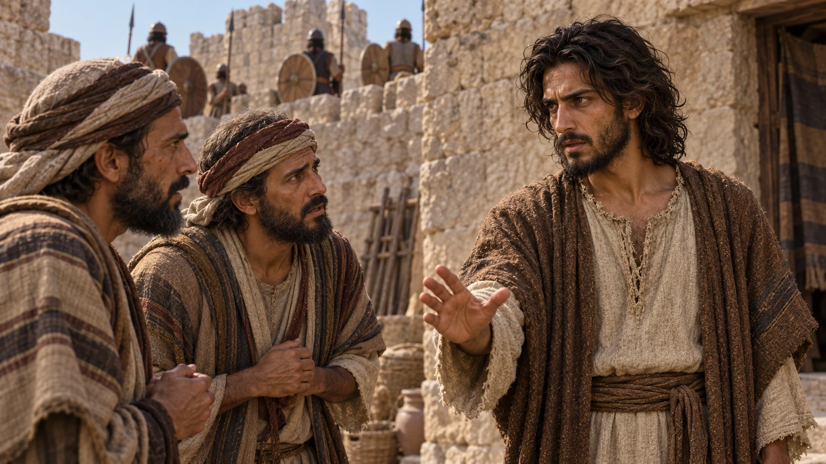 Jeremiah addresses the two envoys in a stone courtyard as defenders stand on the wall behind them.