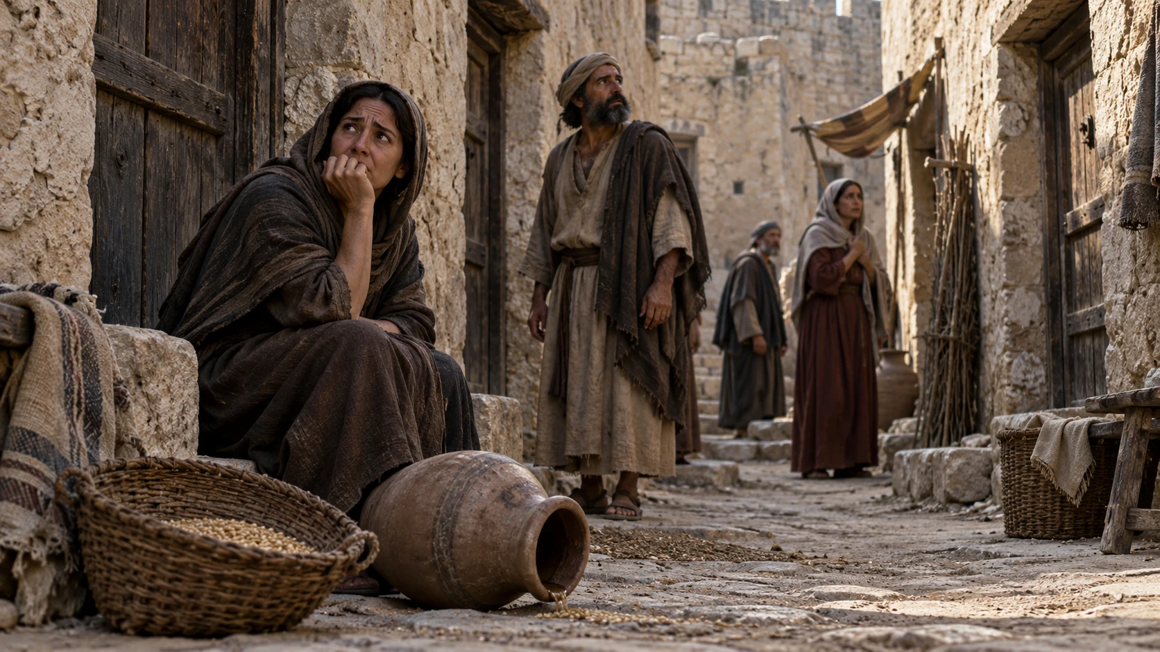 Worried residents stand beside an empty water jar and sparse grain in a narrow city lane.