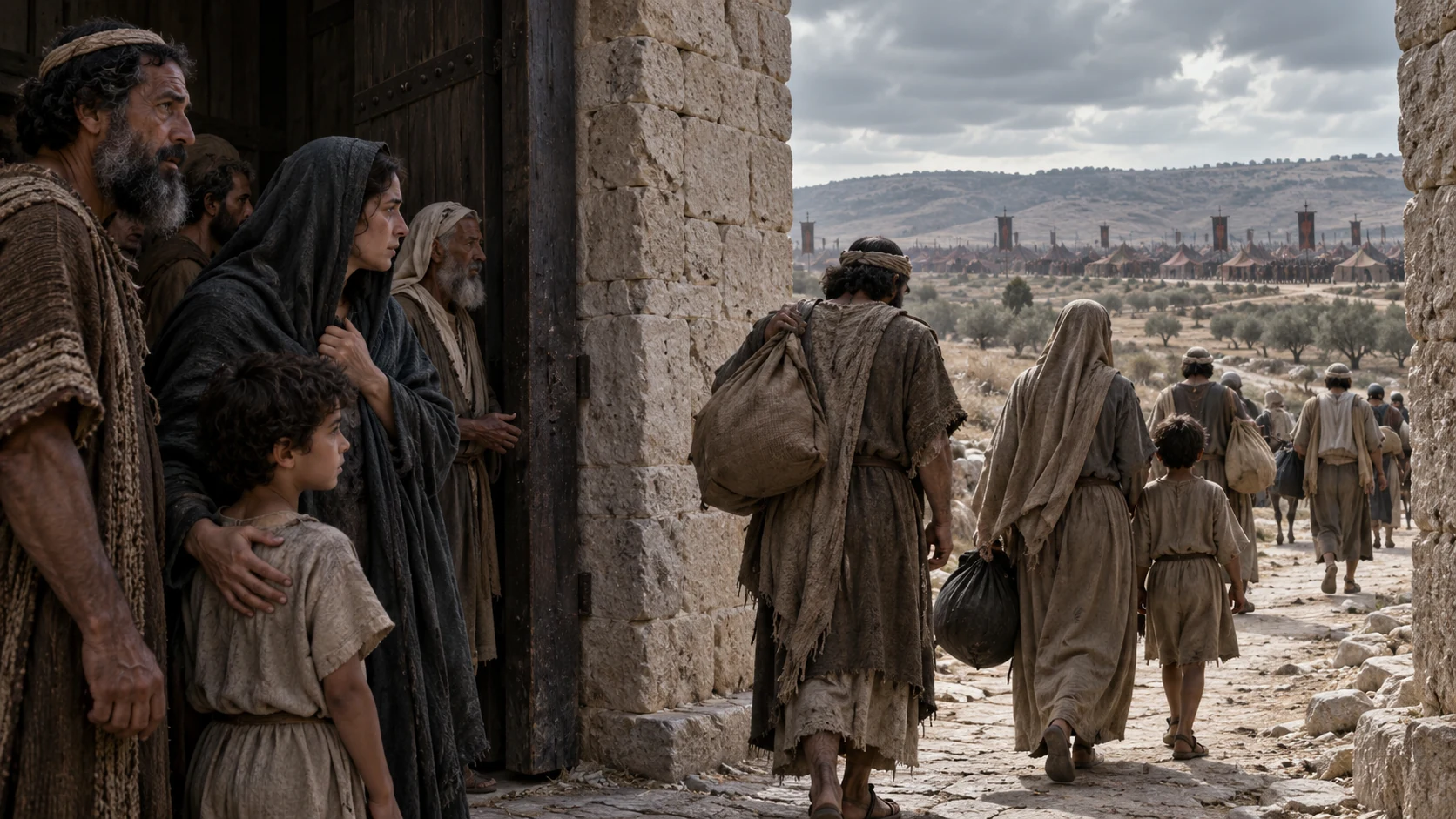 Several civilians carry bundles out through the city gate toward the besieging camp while others hesitate inside.
