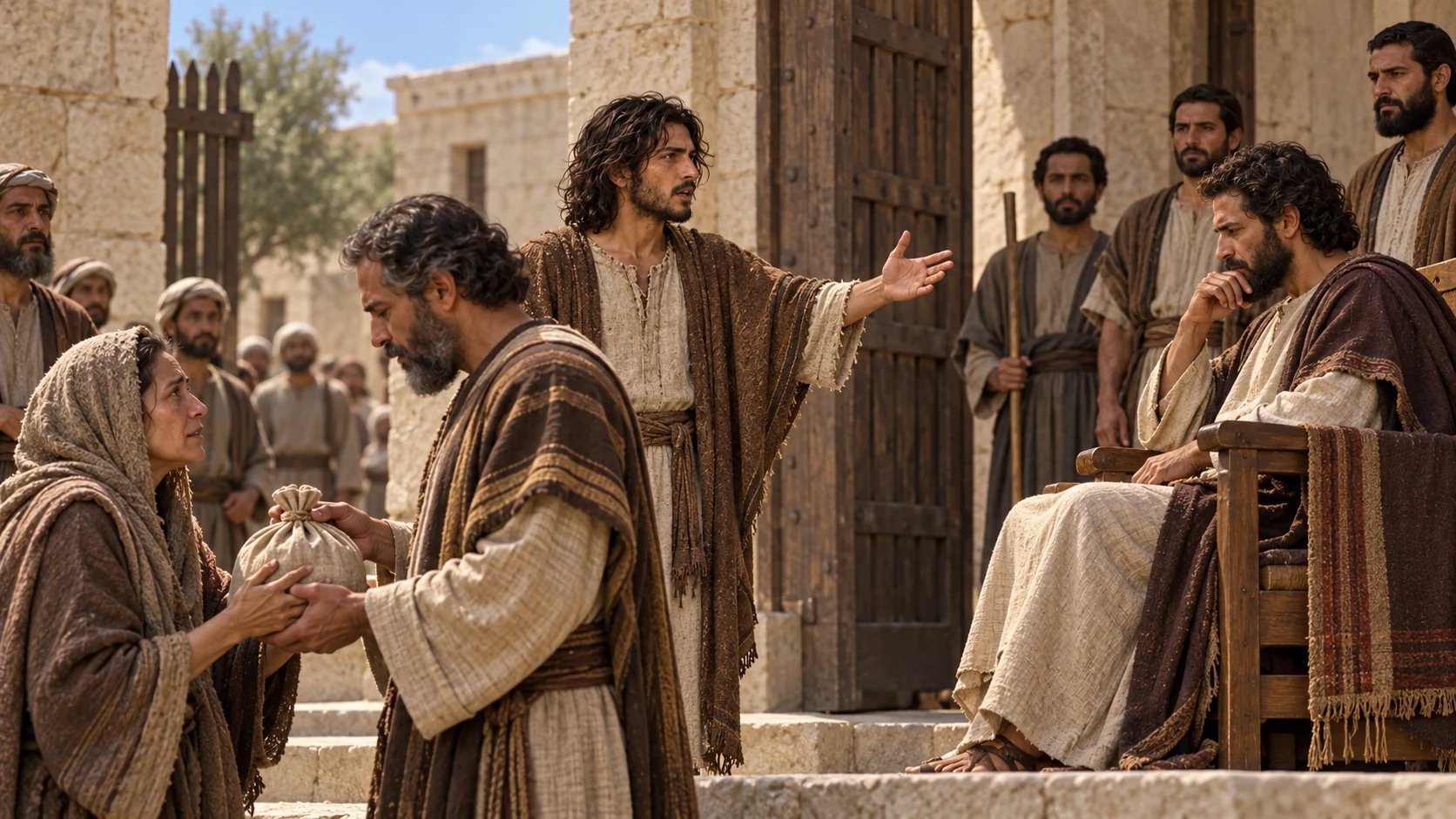 Jeremiah speaks at the gate while an official returns a small bundle to a woman.