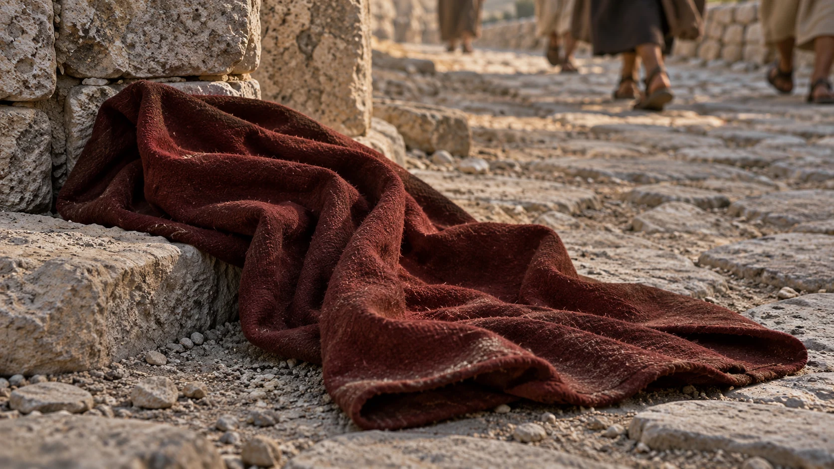 A discarded dark-red mantle lies in the dust while passersby move on.