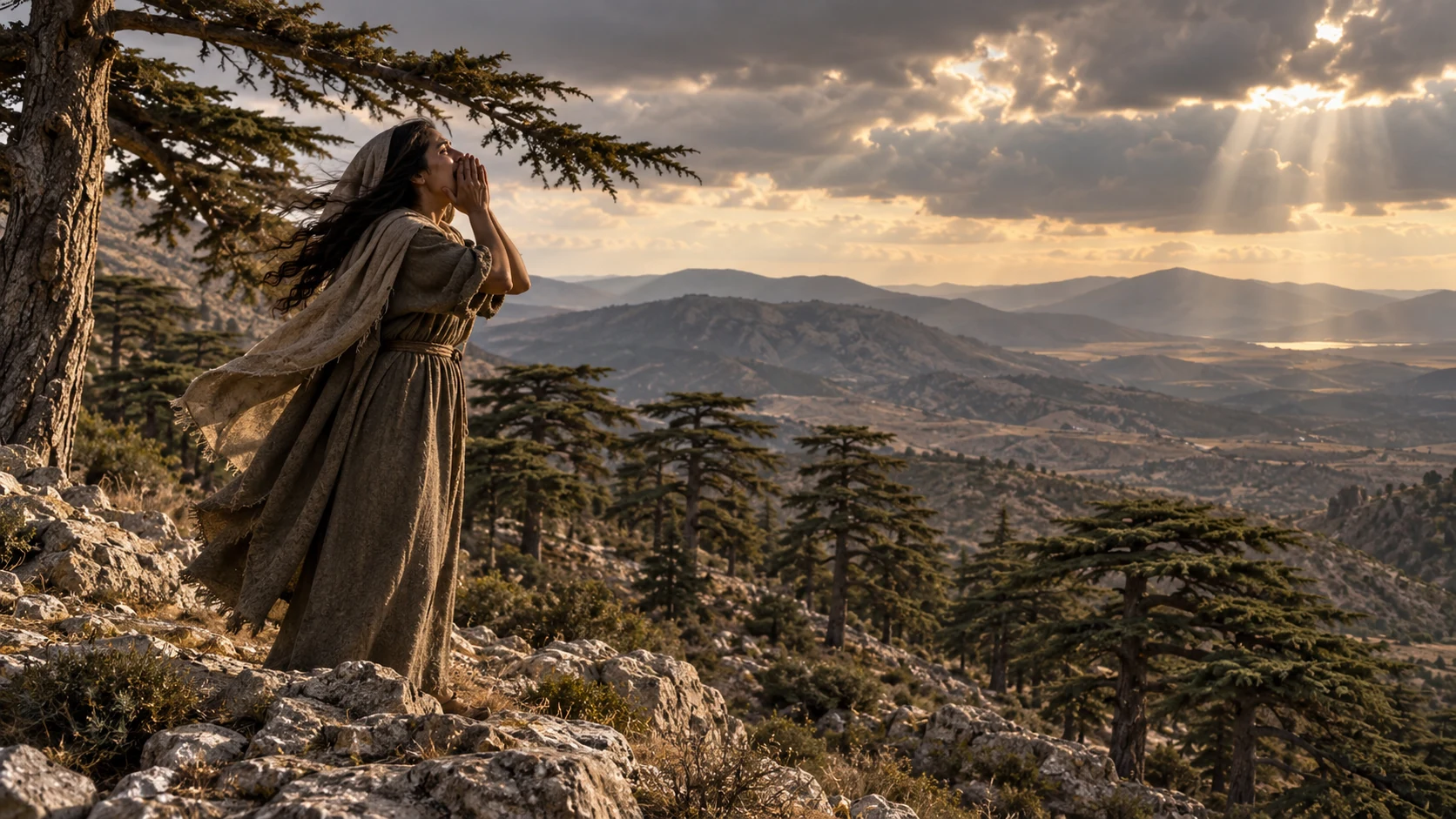 A lone woman calls across a cedar-covered mountain landscape beneath a stormy sky.