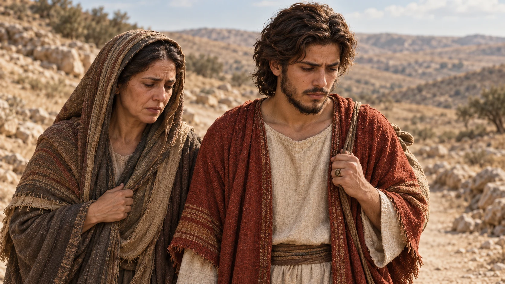 Coniah and his mother walk into exile, his signet ring visible as he looks down.