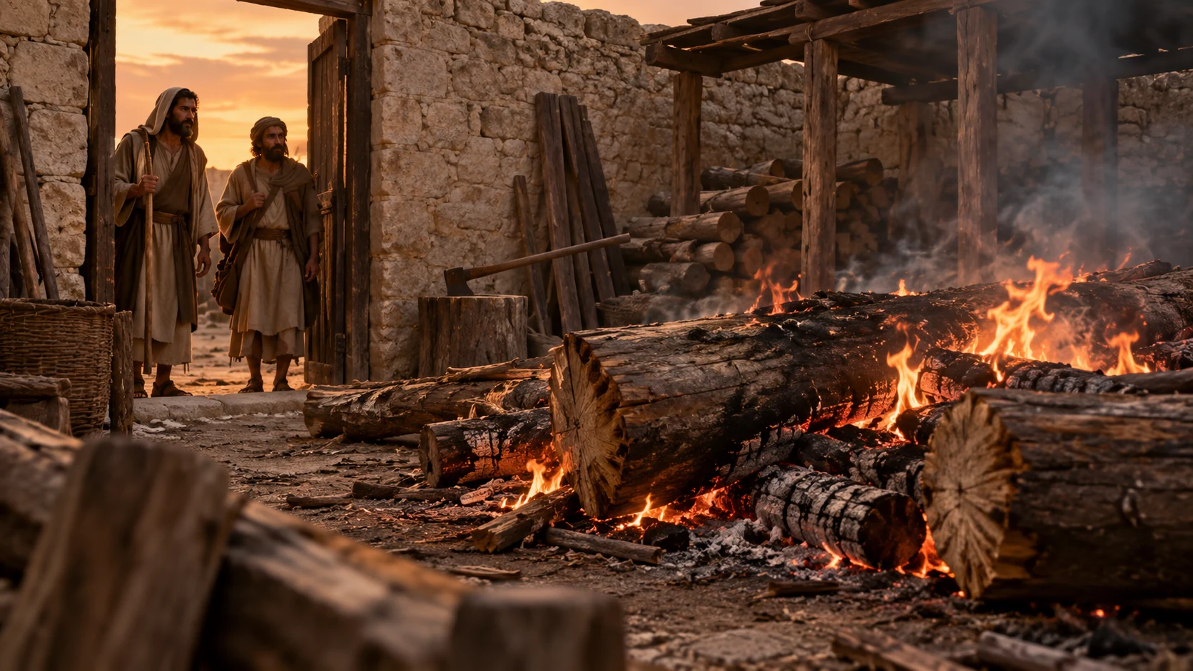 Fallen cedar logs burn in a neglected royal work yard as two travelers look on.