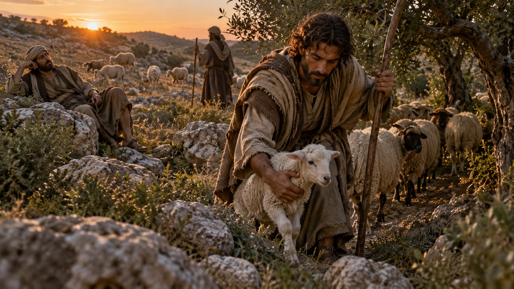 A caring shepherd gathers sheep while another sits inattentively among the rocks.