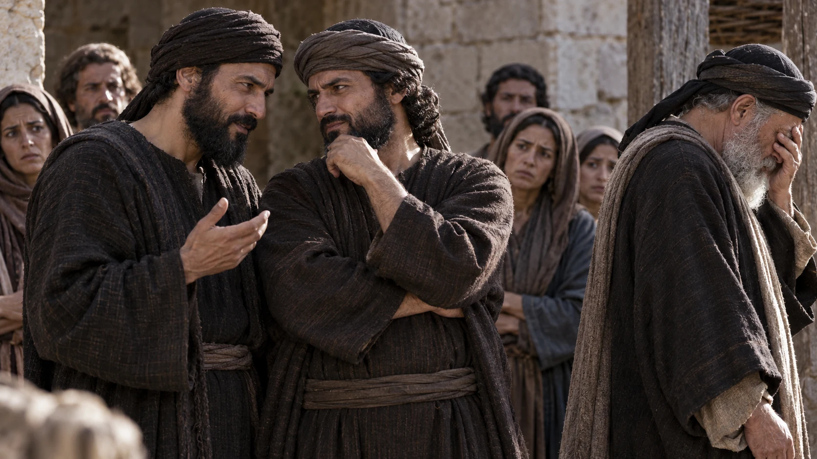 Two self-assured speakers confer while troubled listeners and an ashamed elder look on.