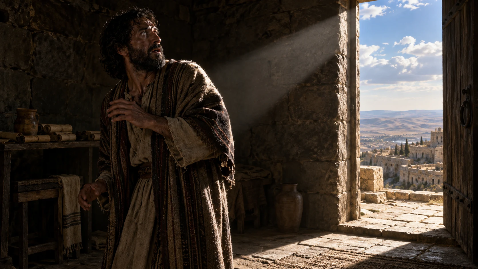 A self-styled prophet stands in a dim room as a beam of daylight reveals him.