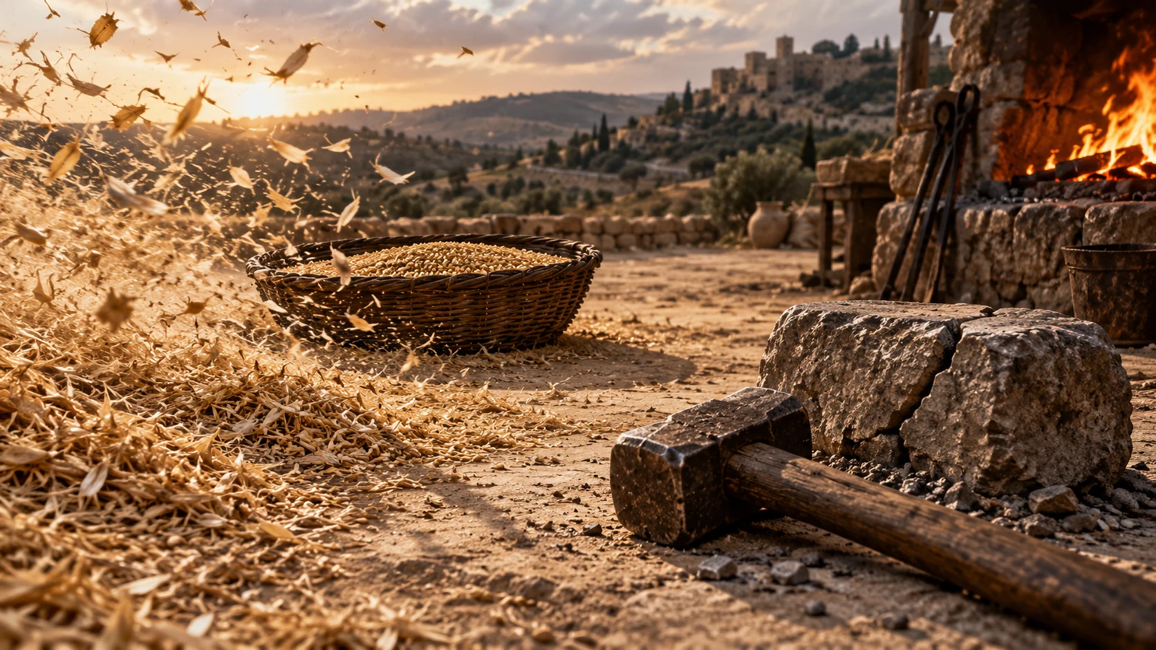 Chaff blows past clean grain, a forge fire, and a hammer beside split stone.