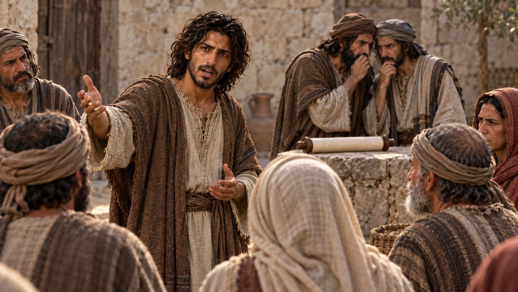Jeremiah addresses townspeople as two rival speakers whisper beside a blank scroll.