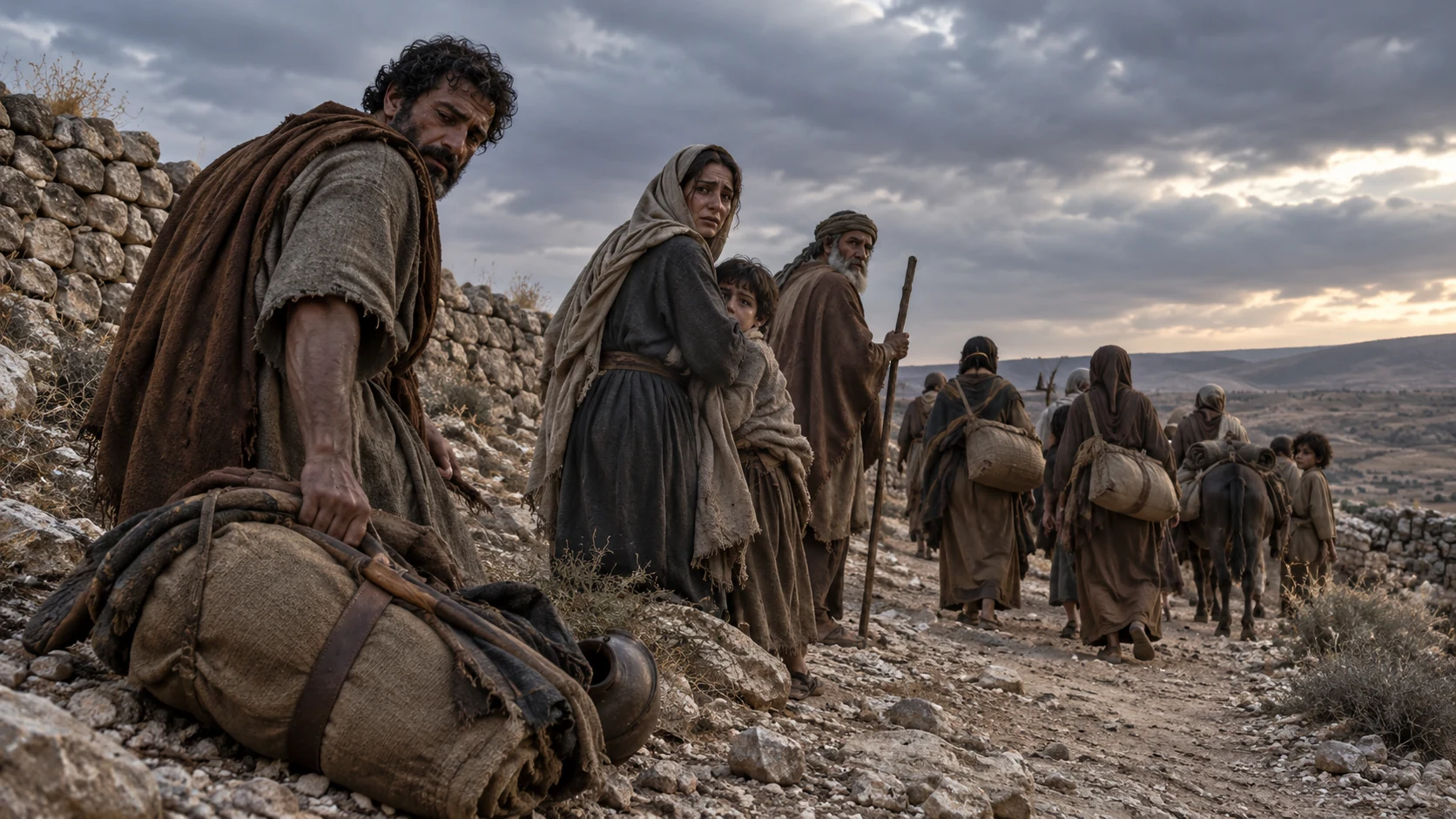 Families travel away along a barren road with grief under an overcast sky.
