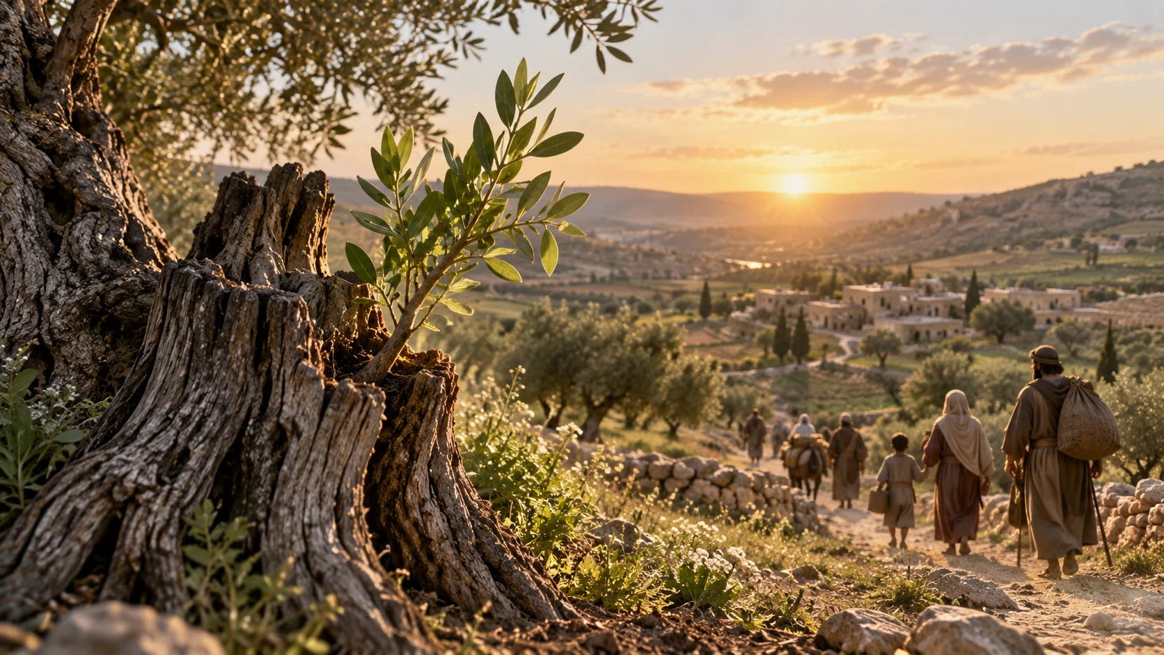 A green branch rises from an old stump as families return through the valley.