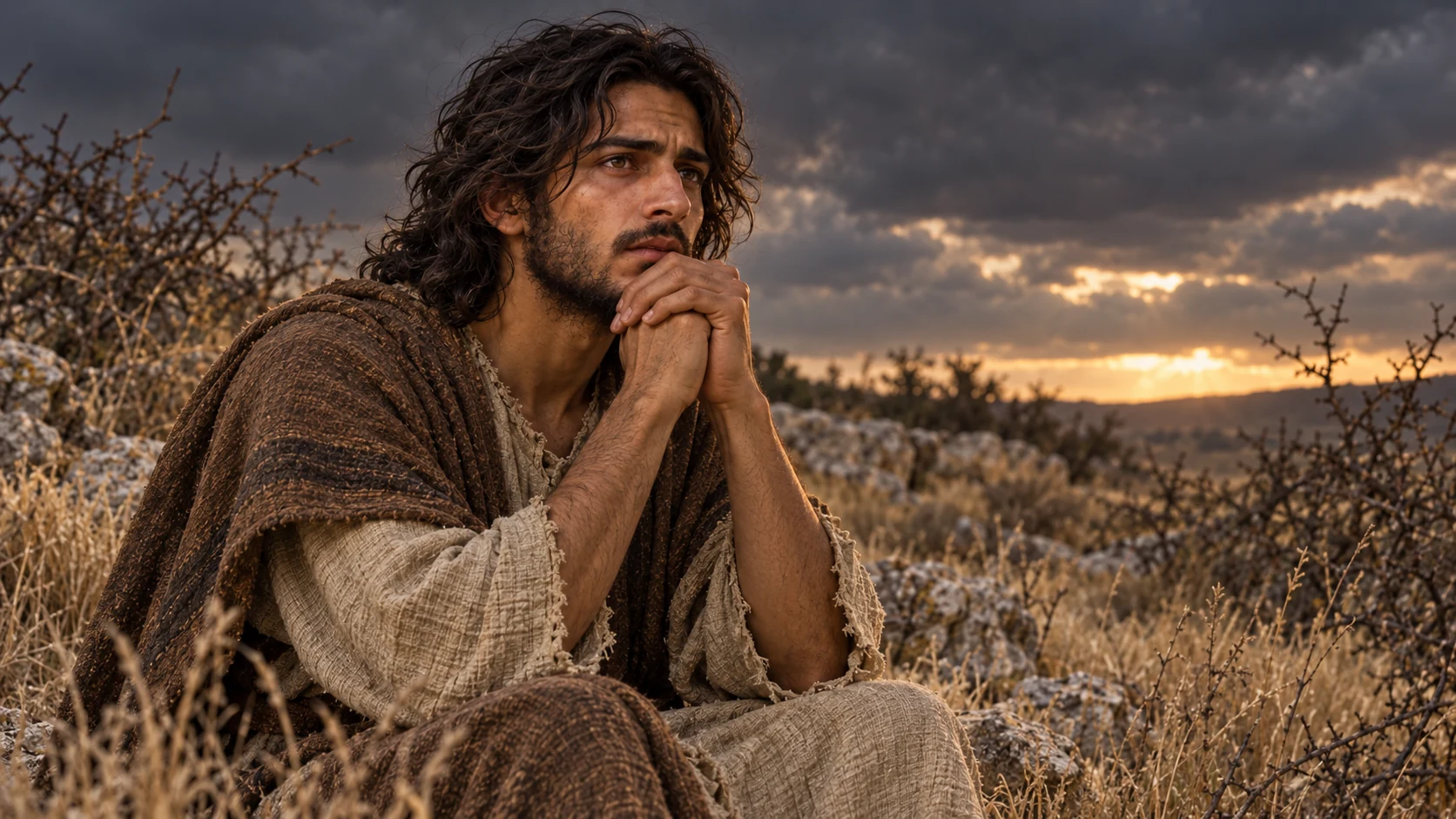 Jeremiah sits troubled among dry grass and thorns beneath a darkening sky.