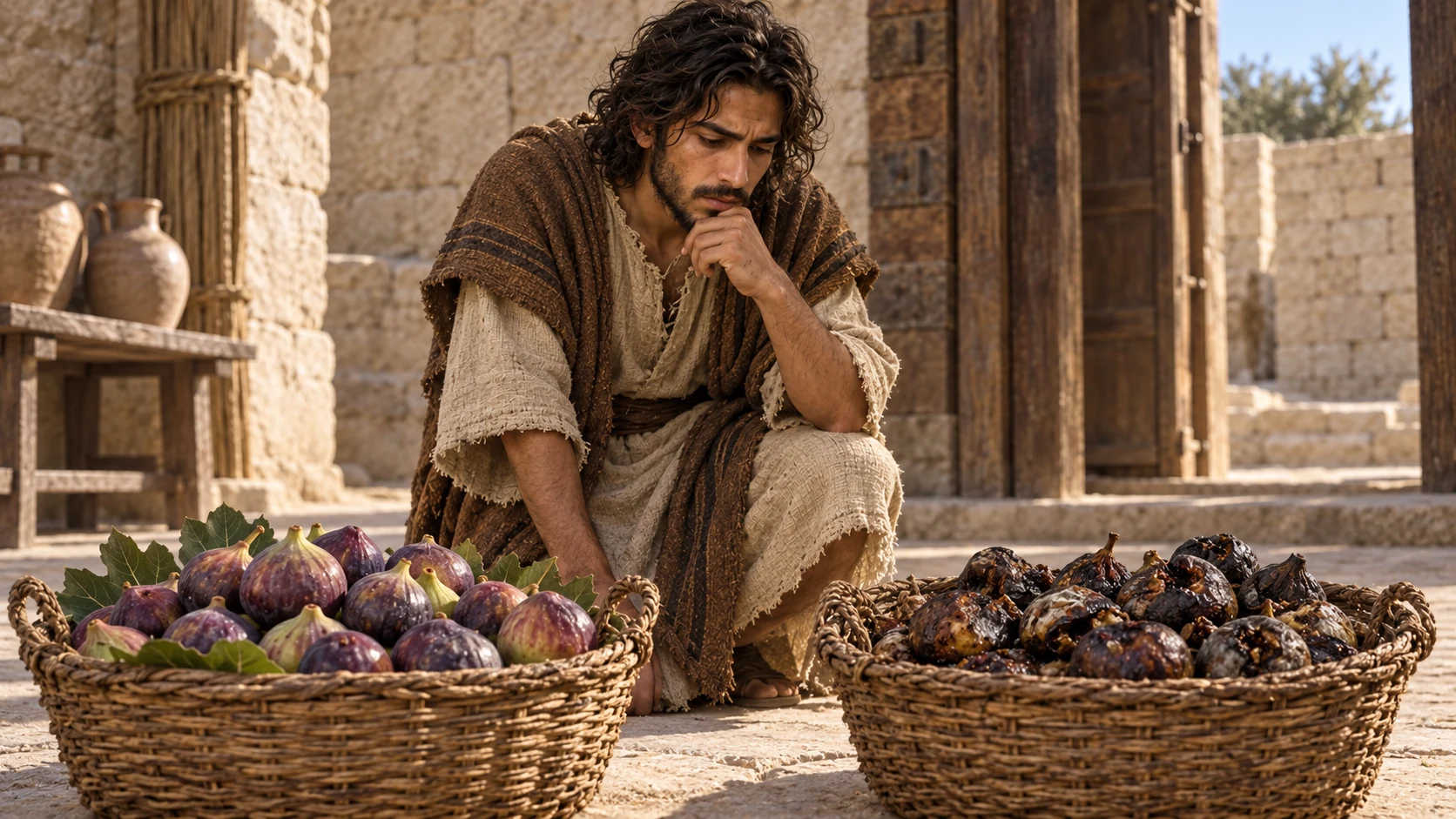 Jeremiah kneels between baskets of ripe and spoiled figs in a plain stone courtyard.