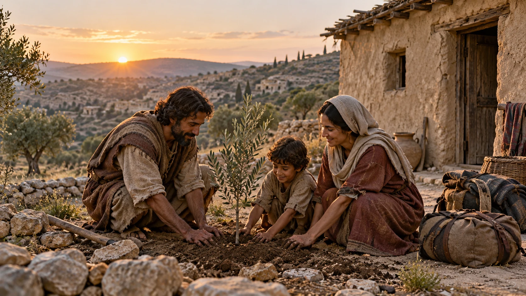 A returning family plants a young olive sapling beside a humble home.