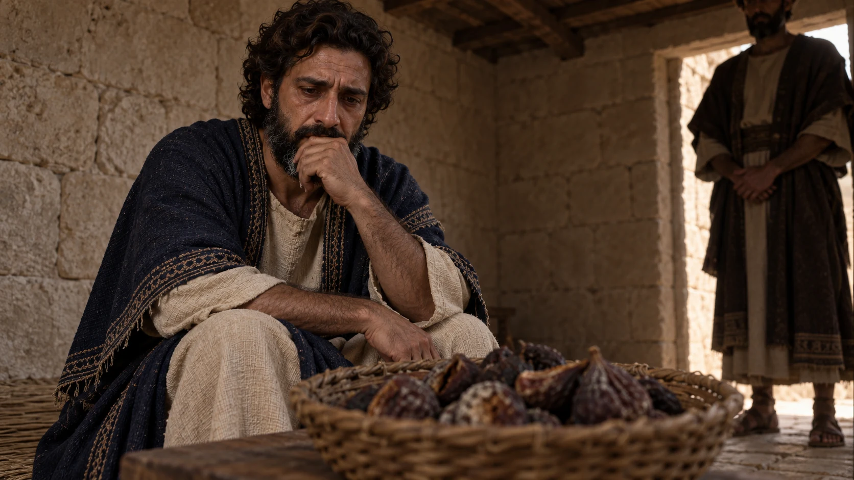 Zedekiah sits troubled before spoiled figs while an official waits in shadow.