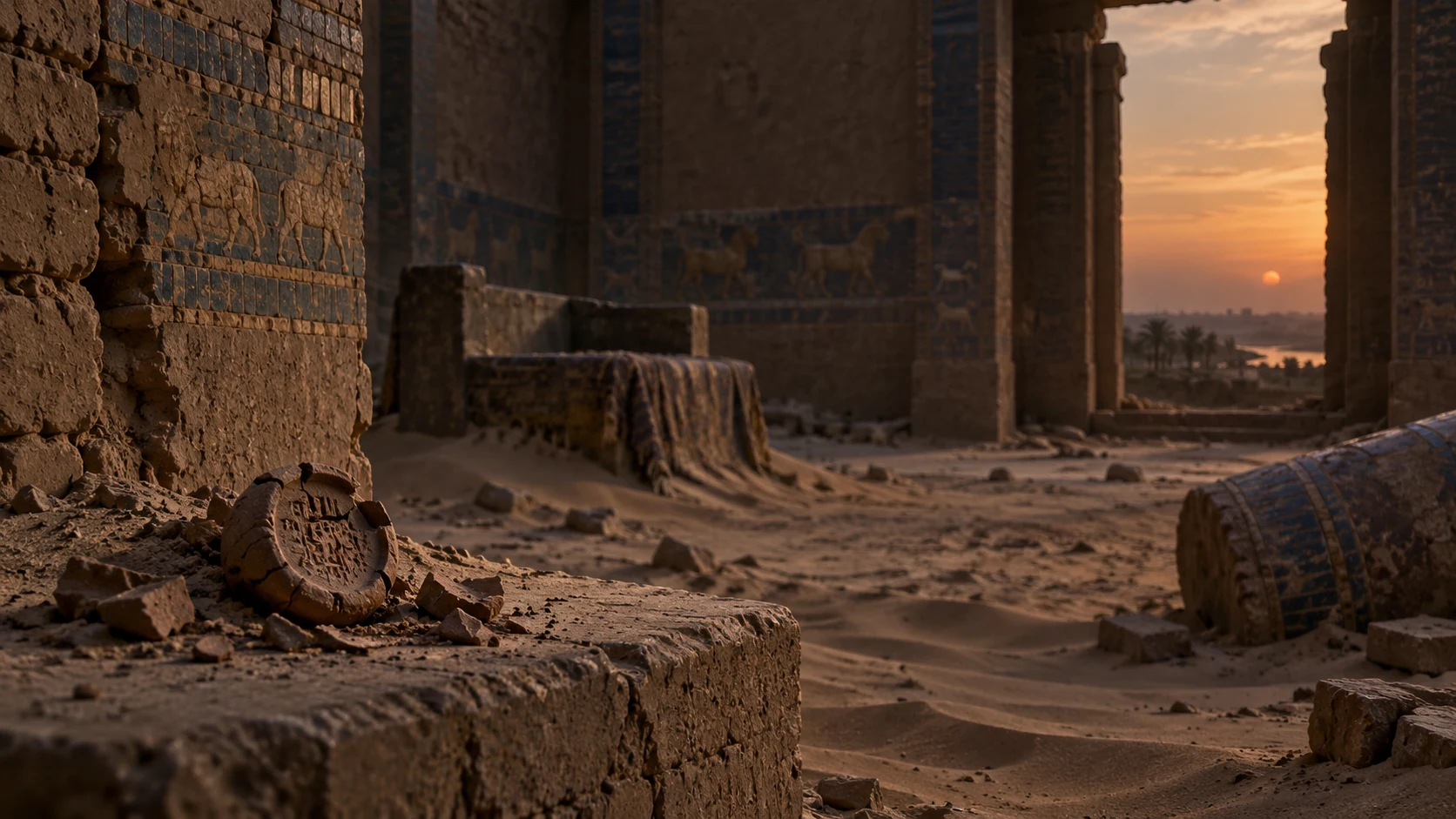 A deserted Babylonian hall lies dusty, with a broken seal and an empty seat.