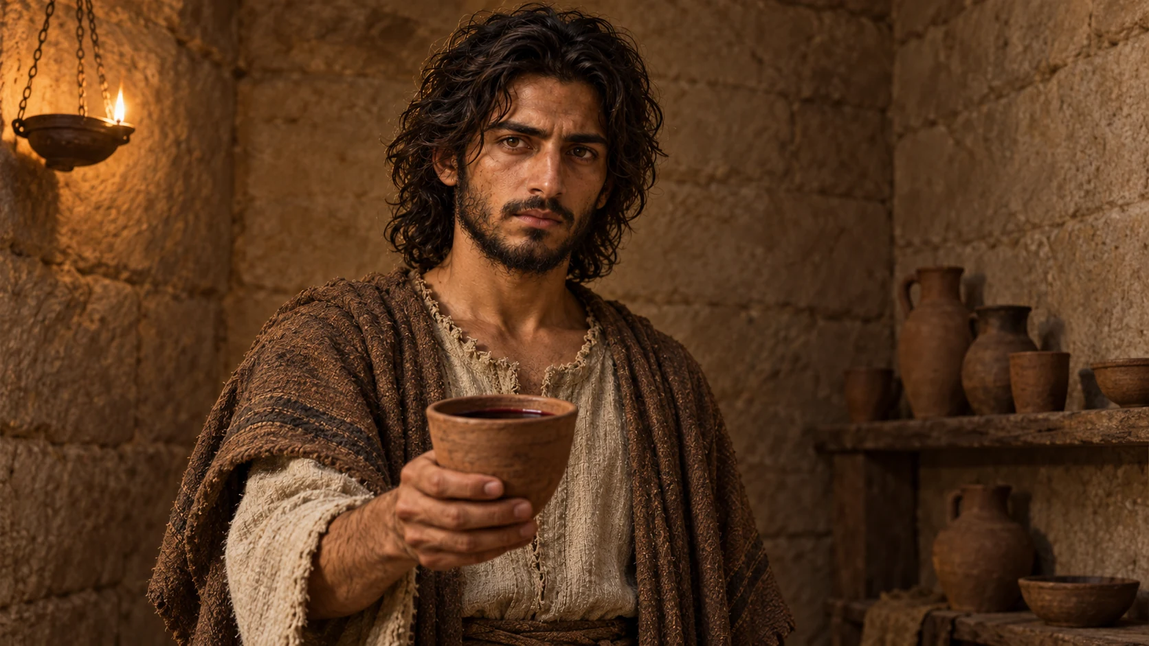 Jeremiah holds a plain cup of dark wine in a small stone room.