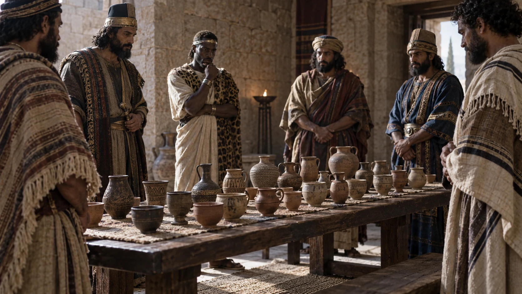 Different earthenware cups fill a long table as envoys from surrounding lands stand around it.