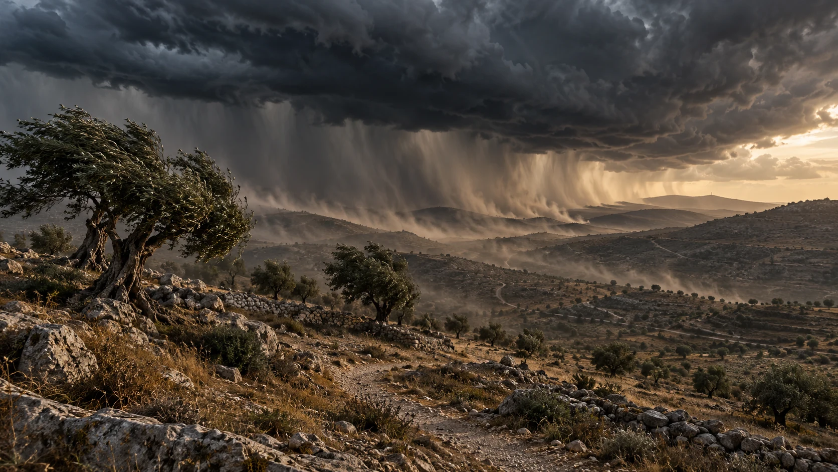 A vast storm crosses dry hill ranges and stirs dust from empty paths.