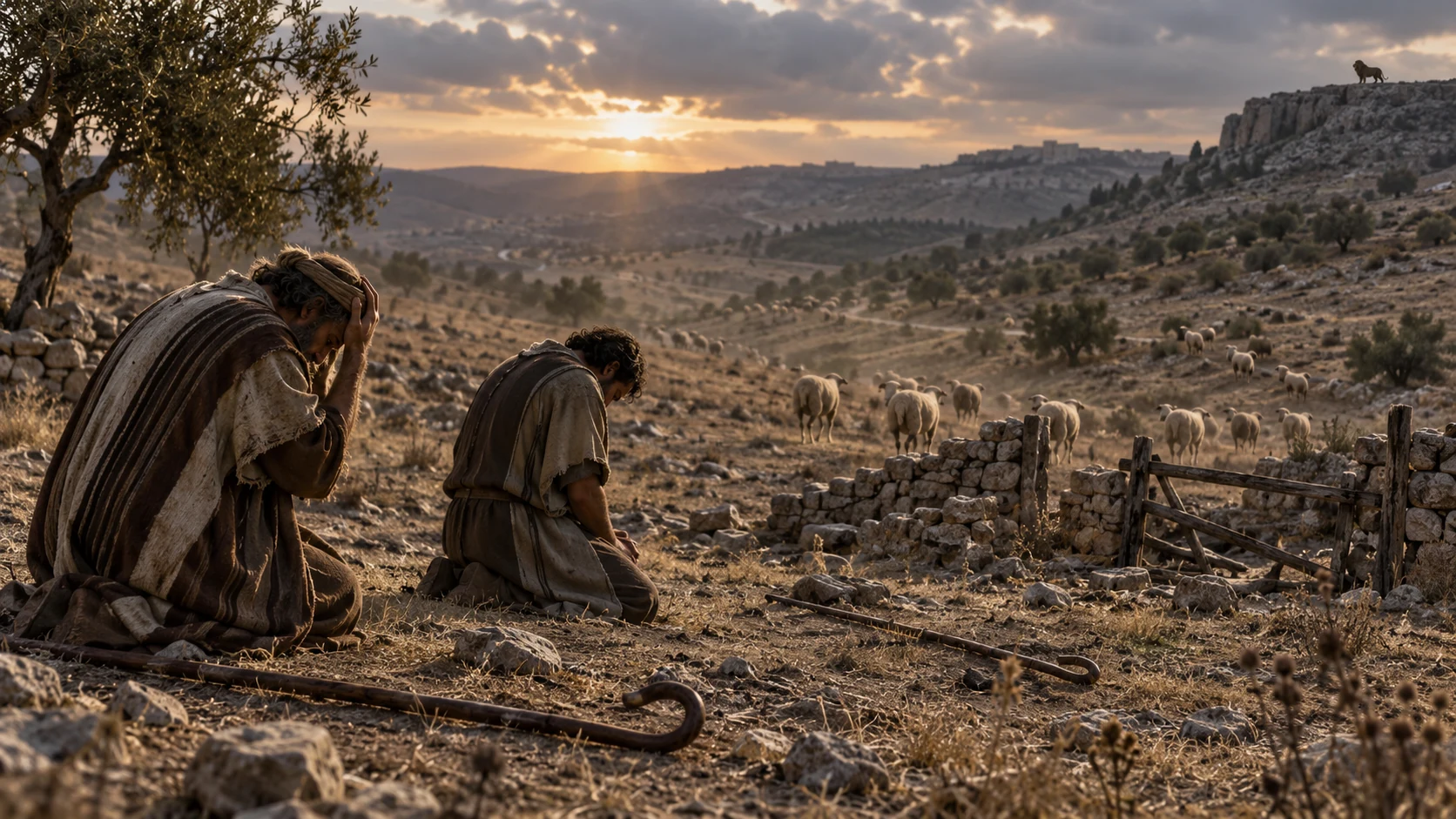 Two shepherds kneel beside an empty pen while sheep recede across the hills.