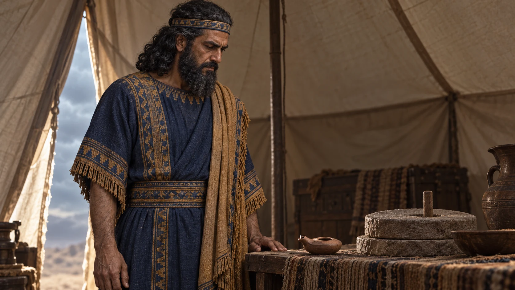 Nebuchadnezzar studies an unlit lamp and idle millstone in a field tent.
