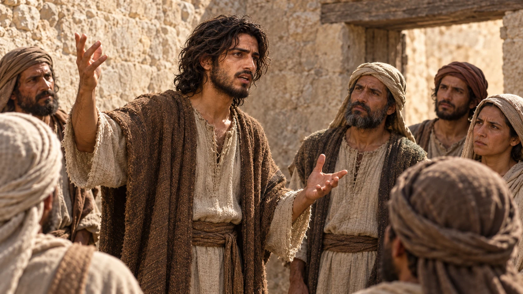 Jeremiah addresses Judean villagers in a plain limestone courtyard.