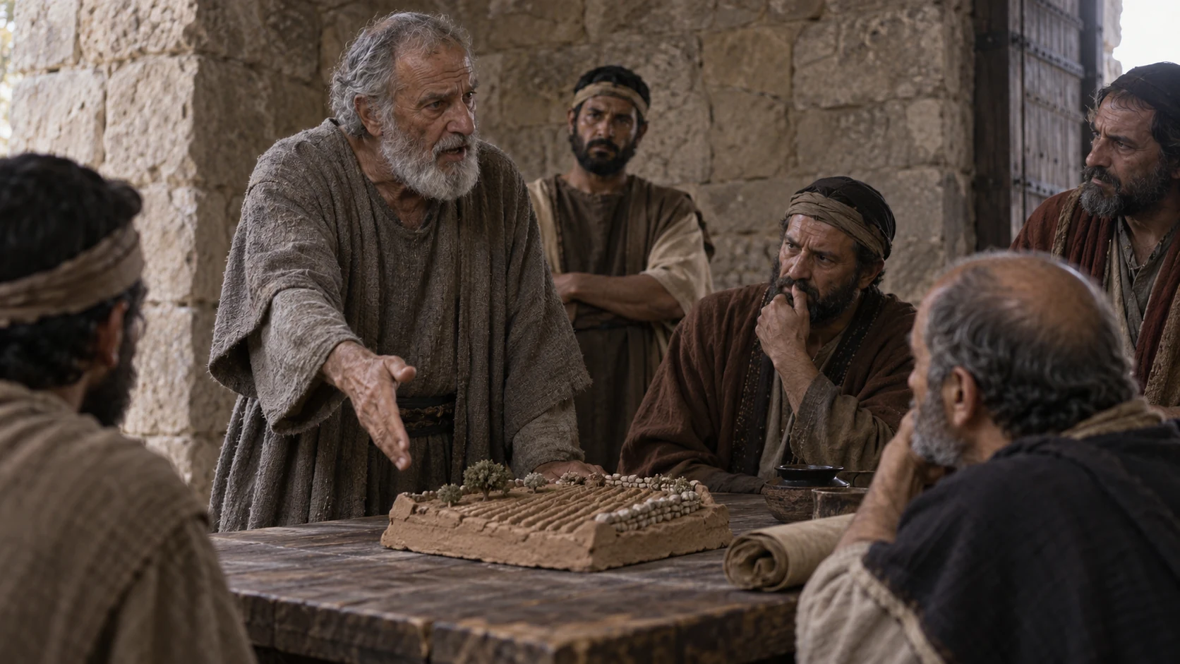 An elder gestures toward a clay model of a plowed field.