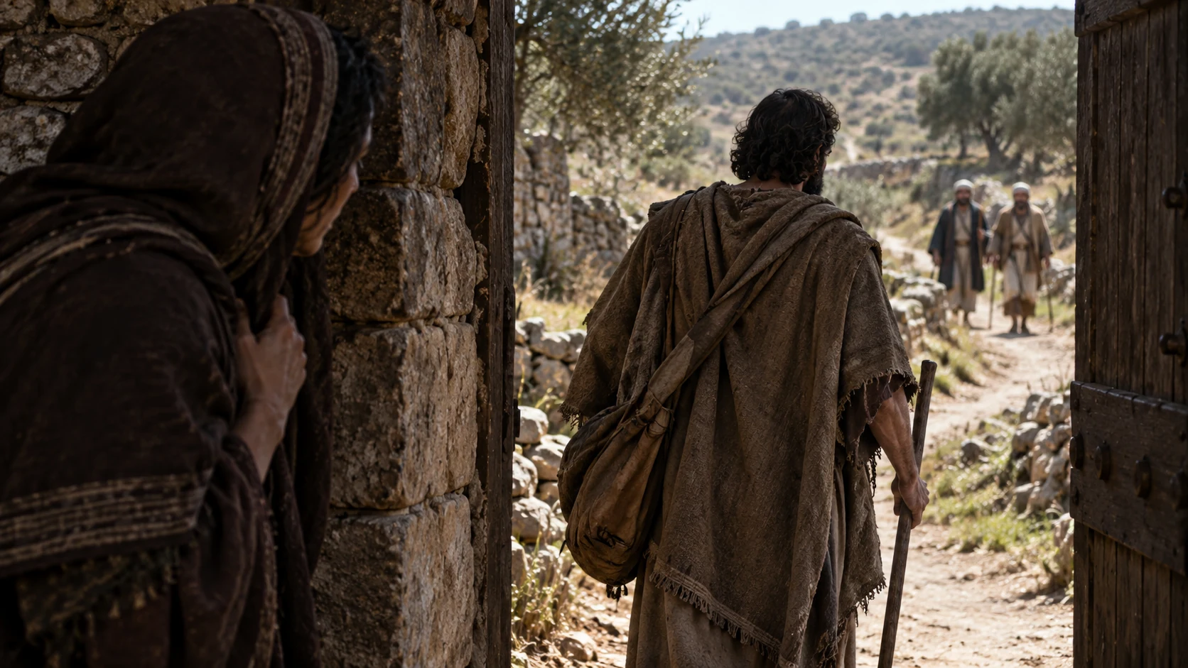 Uriah leaves through a town gate on the road toward Egypt.