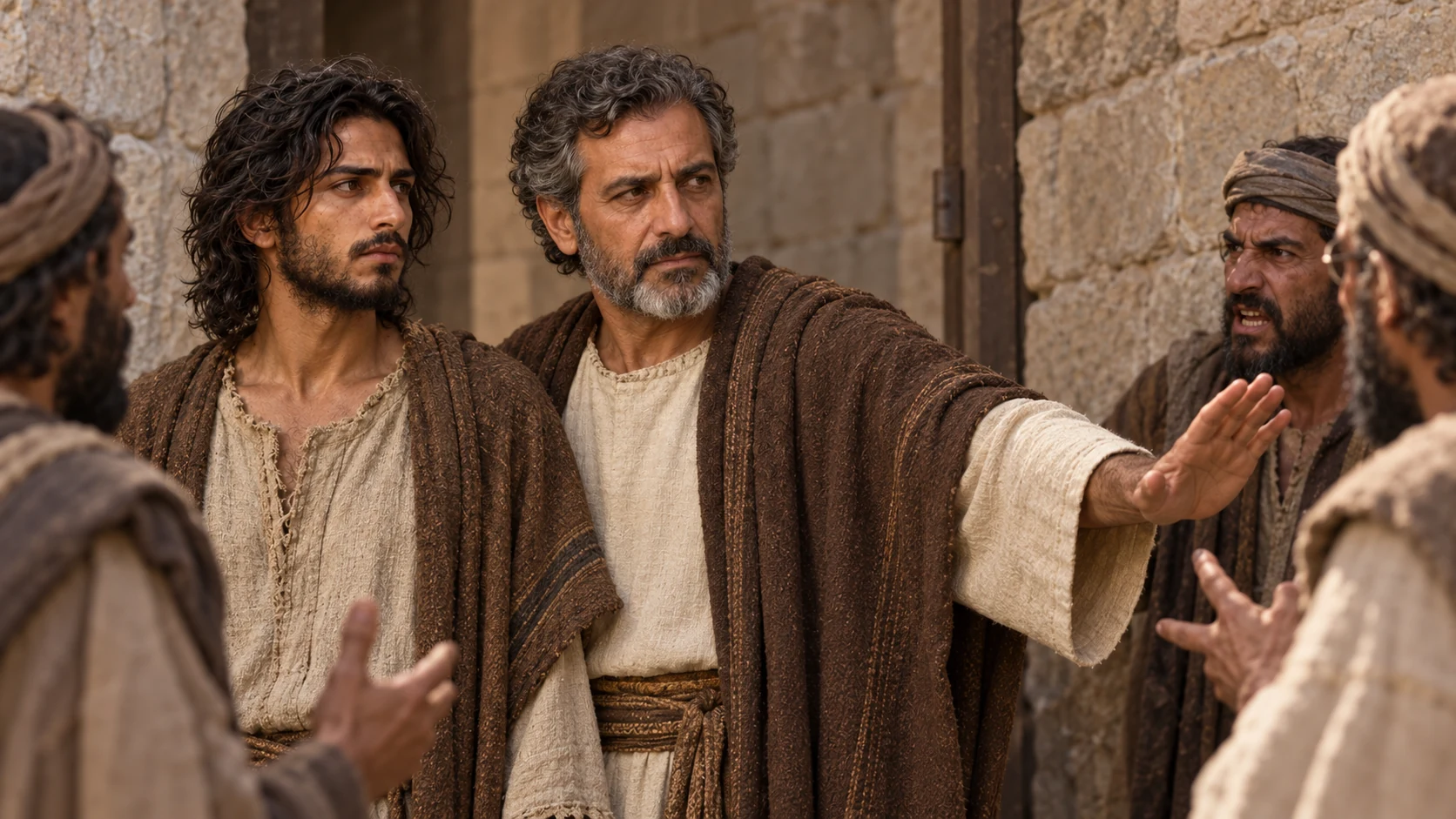 Ahikam stands protectively beside Jeremiah at the gate.